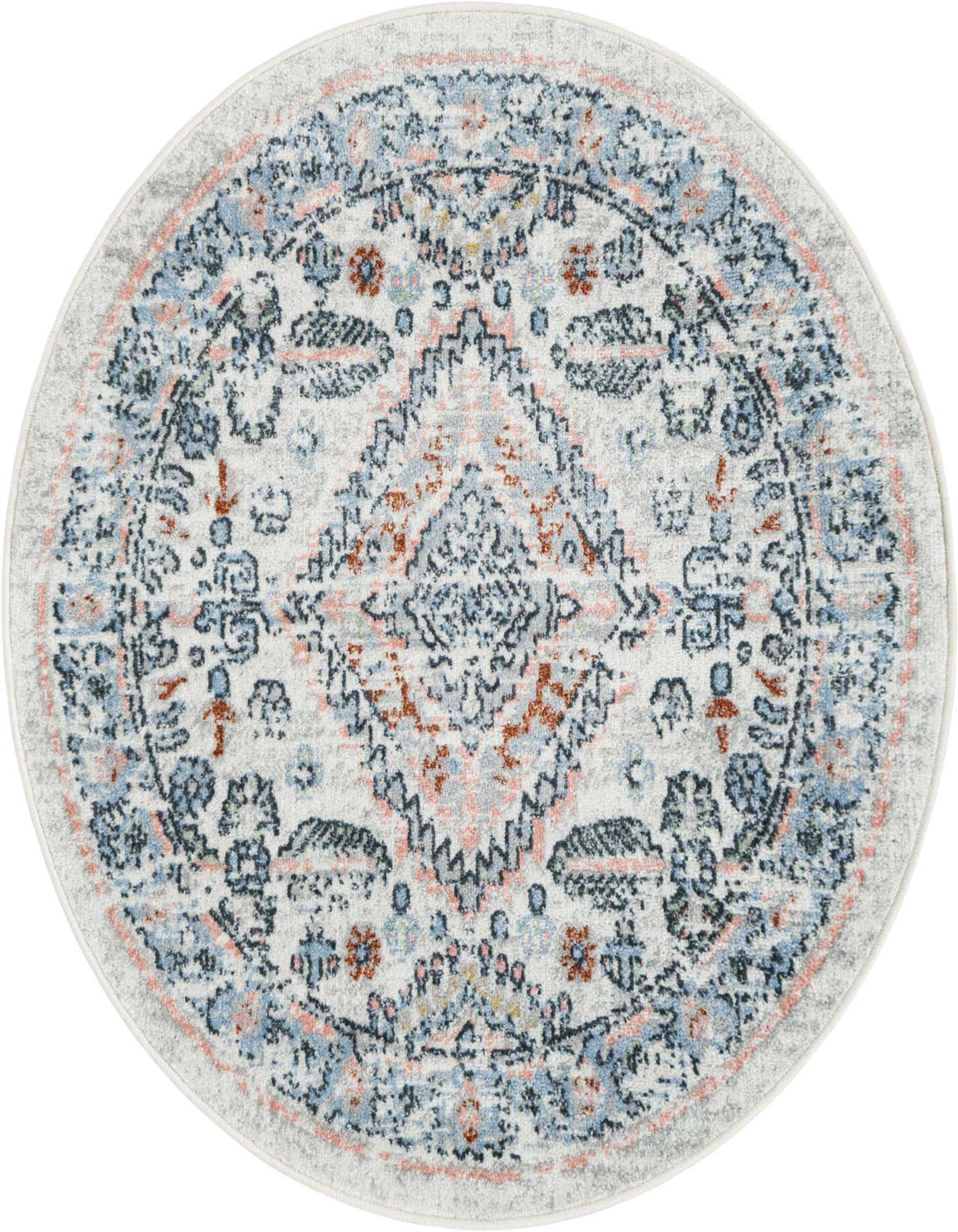 A 3' 3 round ivory rug featuring a distressed traditional medallion pattern in shades of blue, rust, and light pink.