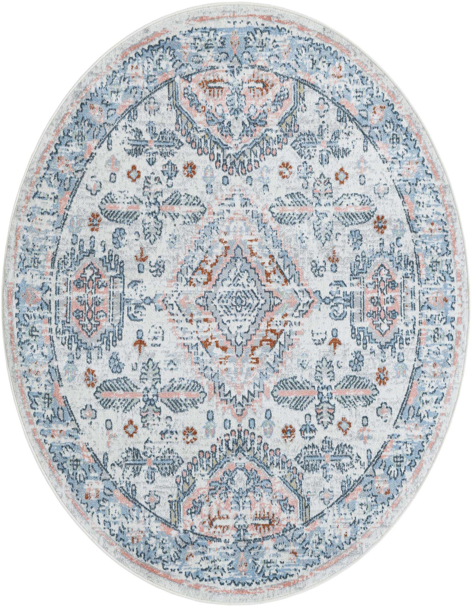 A 5' 3 round Kamala Washable rug from Rugs.com featuring a distressed traditional medallion pattern in ivories, creams, light blues, and hints of peach.