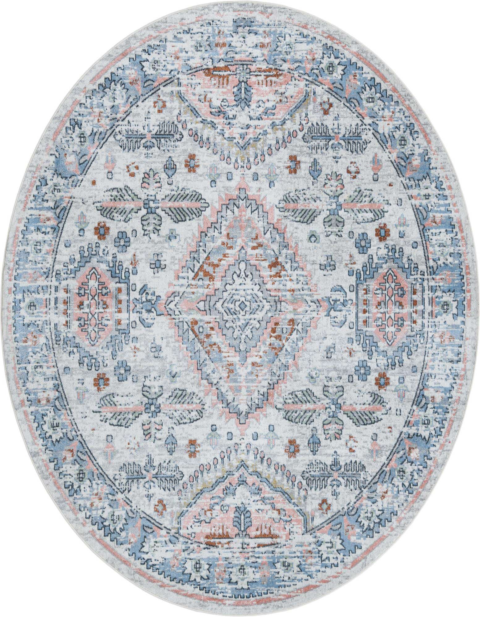 A 7' 10 round Kamala Washable rug featuring a distressed traditional medallion pattern in ivory, light blue, and blush pink.