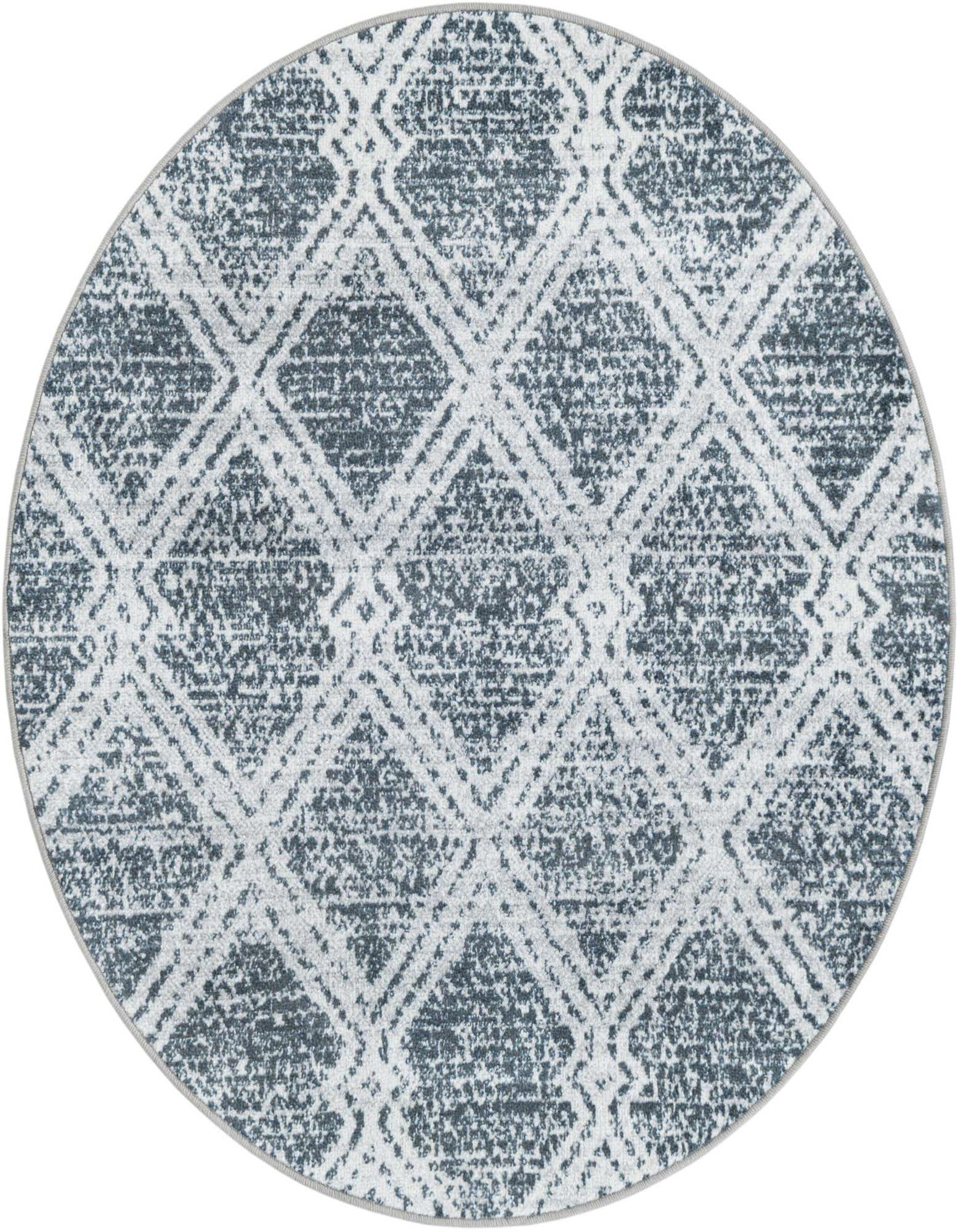 A 3' 3 x 3' 3 round modern rug featuring a distressed ivory and dark blue geometric diamond pattern.