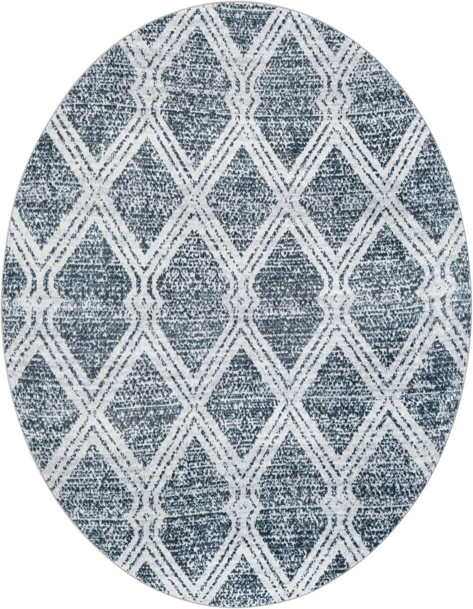 A 5' 3 round ivory and cream modern rug with a distressed geometric diamond pattern, suitable for various indoor spaces.