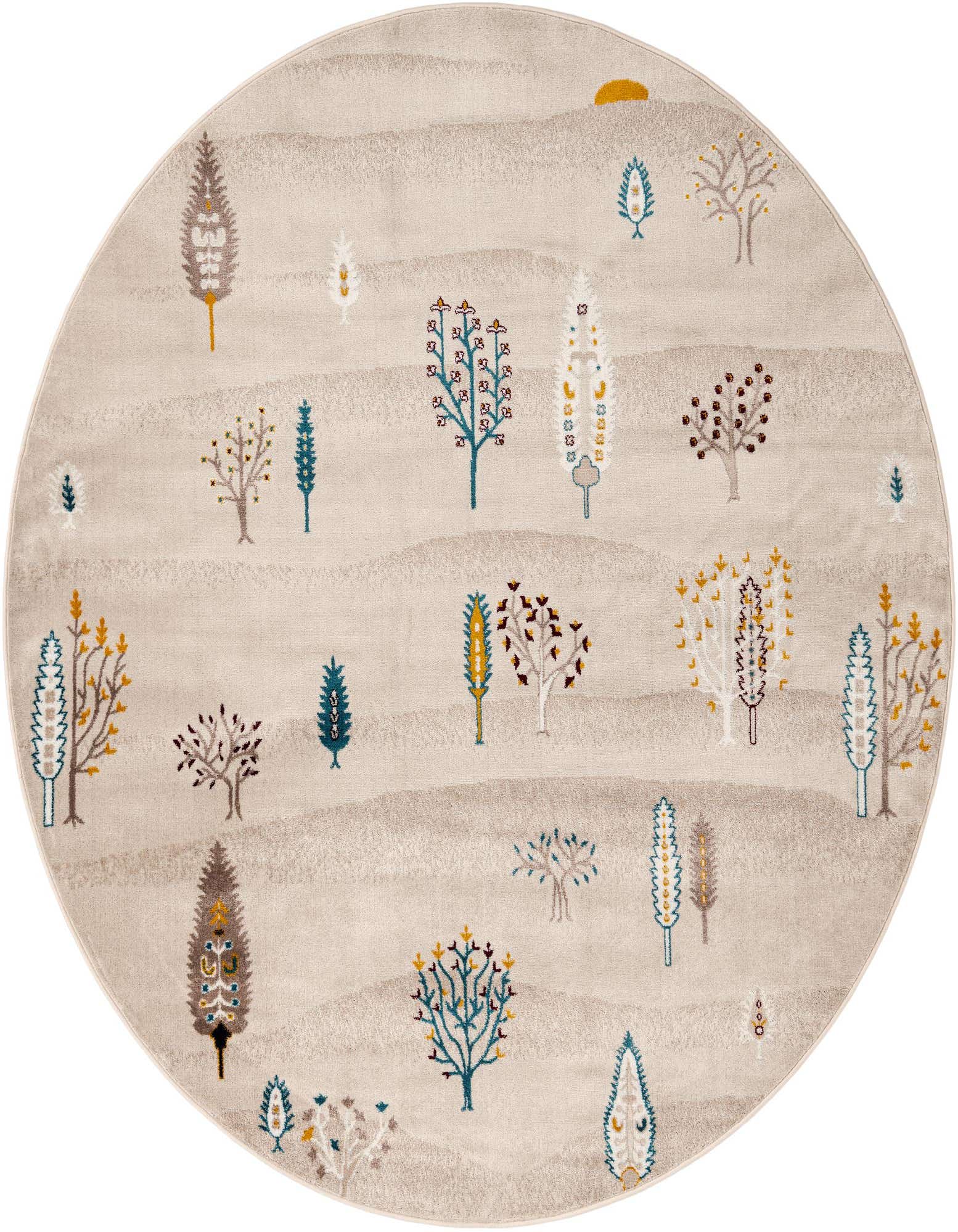 A round ivory and cream rug with a tribal pattern of stylized trees in various colors like teal, brown, and gold.