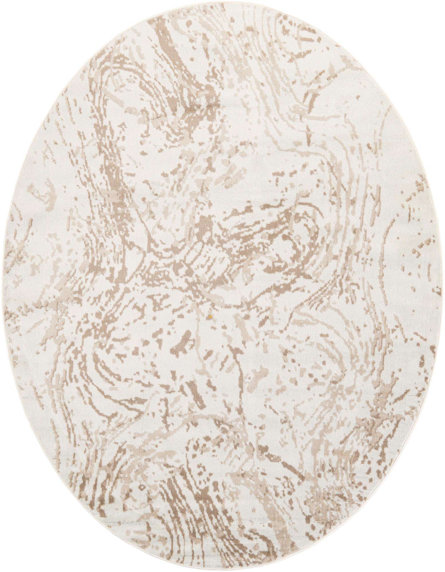 A 7' 10 round ivory and cream contemporary rug with an abstract, swirling pattern, suitable for indoor spaces.