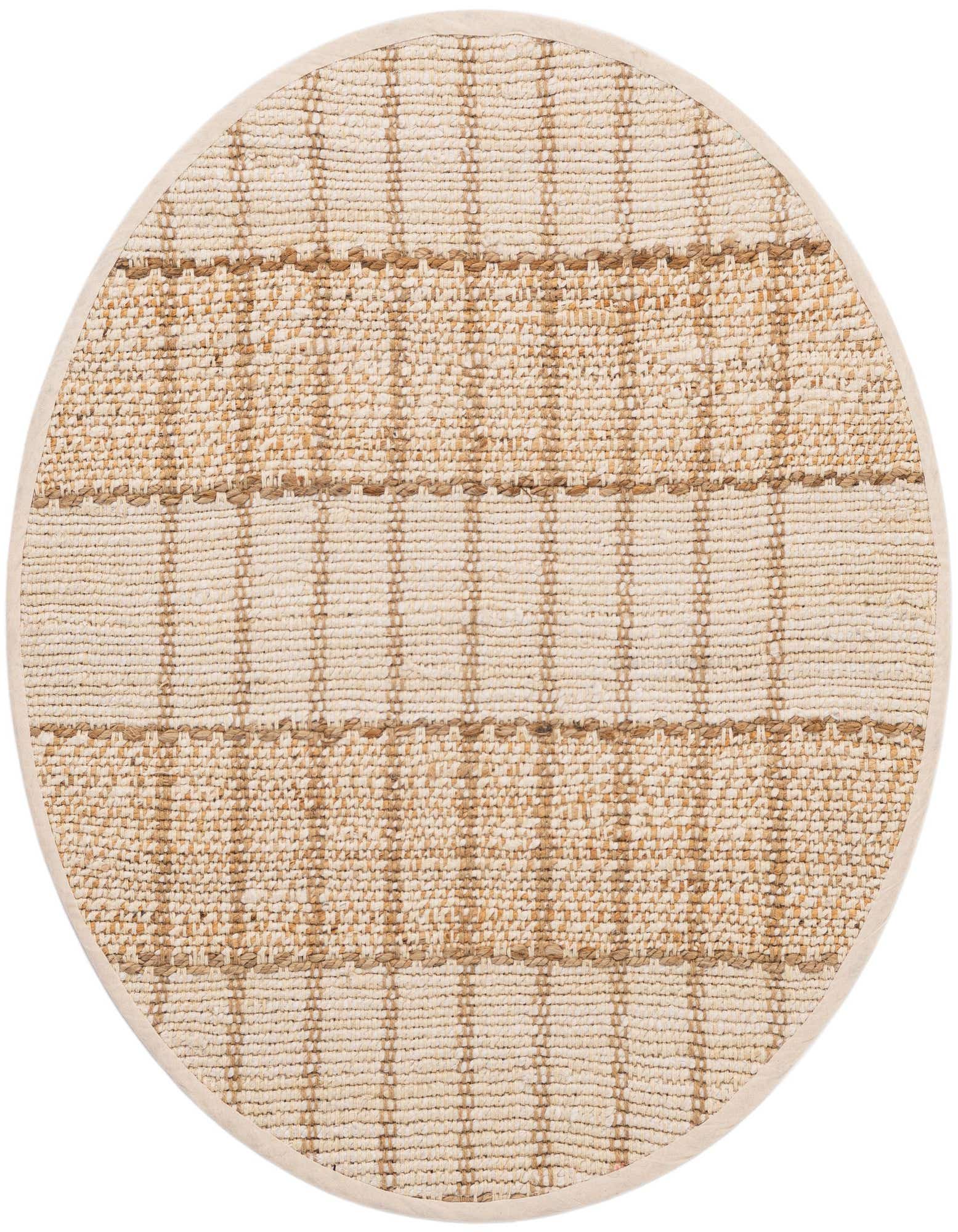 A round, cream and ivory jute rug with a modern striped pattern and textured flatweave, ideal for an indoor space.