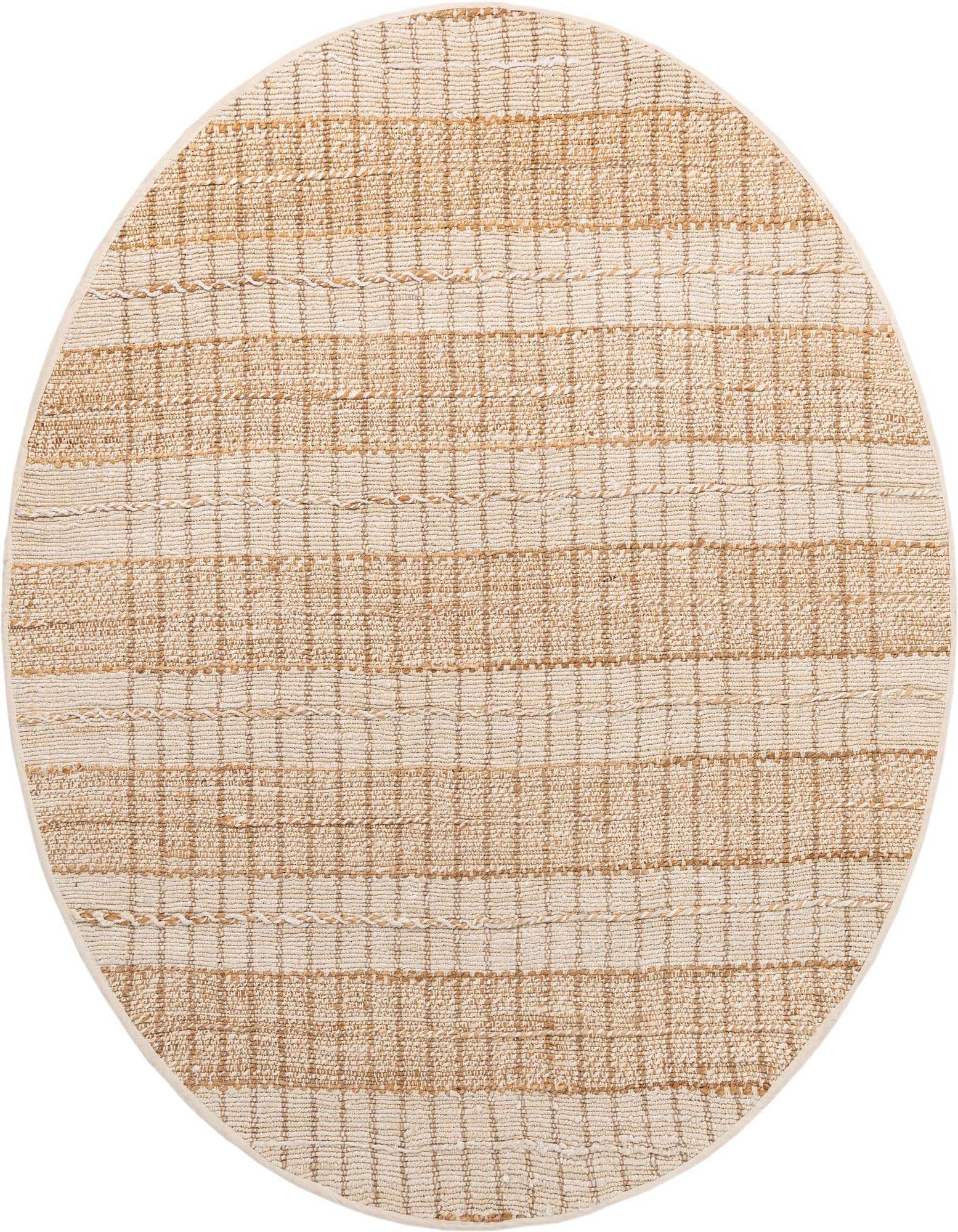A round, 7'10" ivory and cream jute rug with a modern striped pattern and textured flatweave.