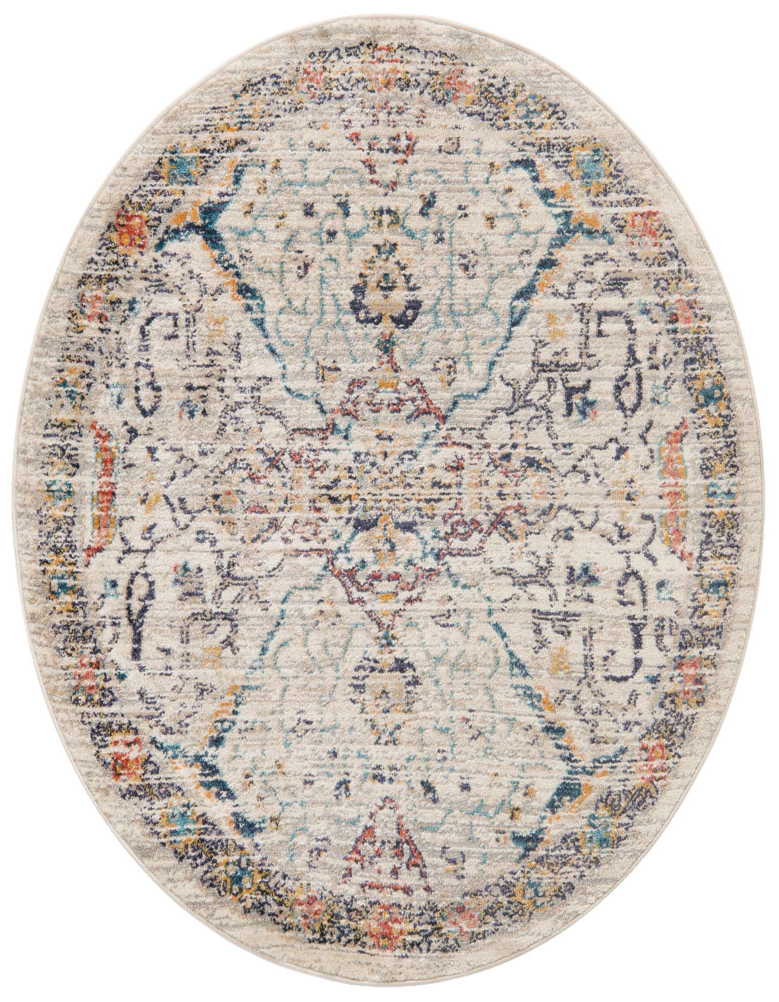 A 4' round ivory and cream rug with a distressed traditional and tribal pattern in blue, orange, and yellow accents.
