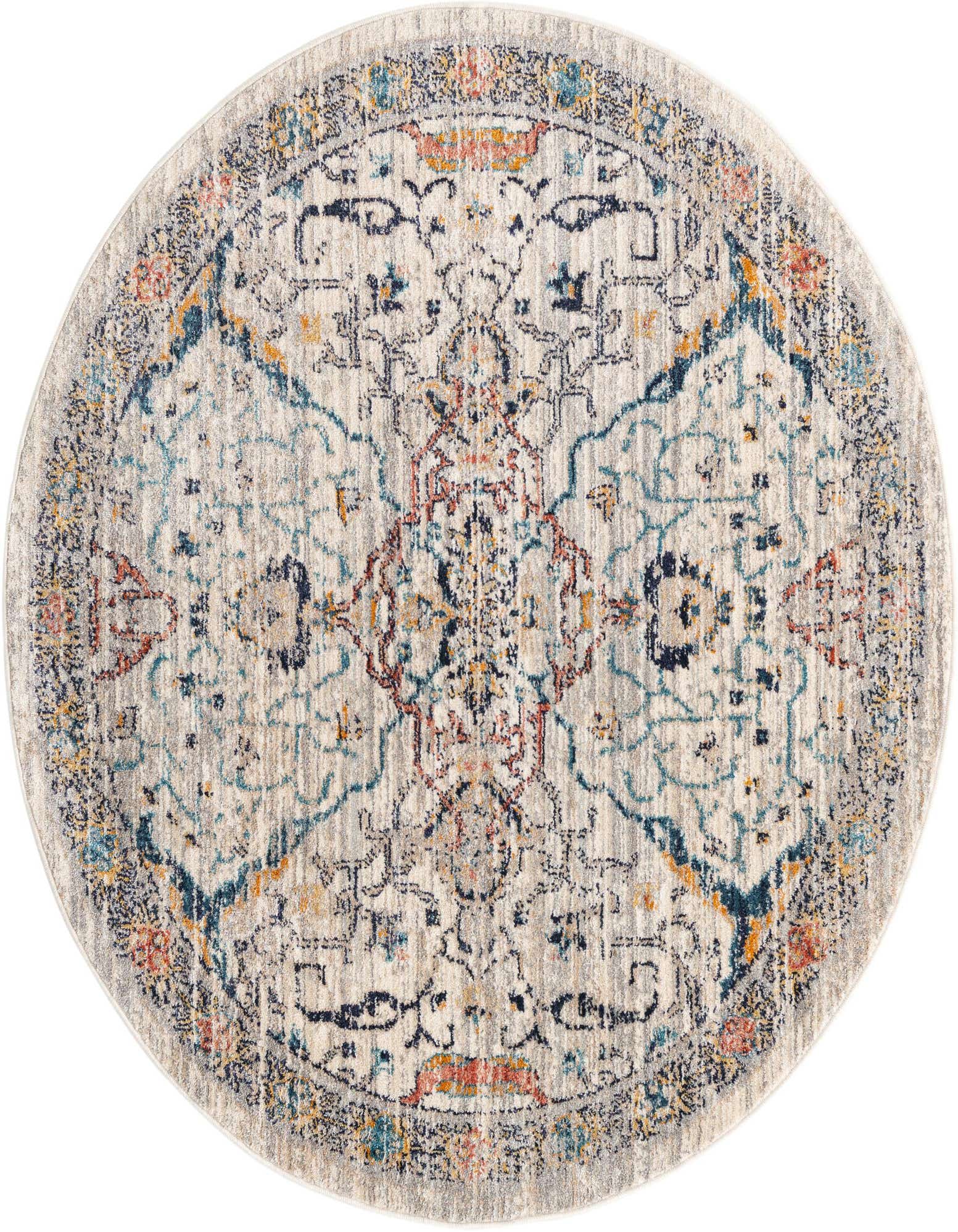 A round 5' 2 x 5' 2 ivory area rug with a distressed traditional medallion pattern in blue, orange, and gray.