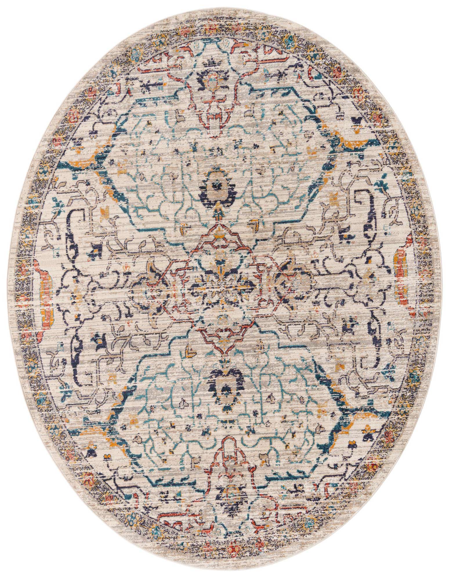 A 7' 10 round Lola rug featuring an ivory and cream base with a distressed traditional medallion pattern in blue, red, orange, and gray.