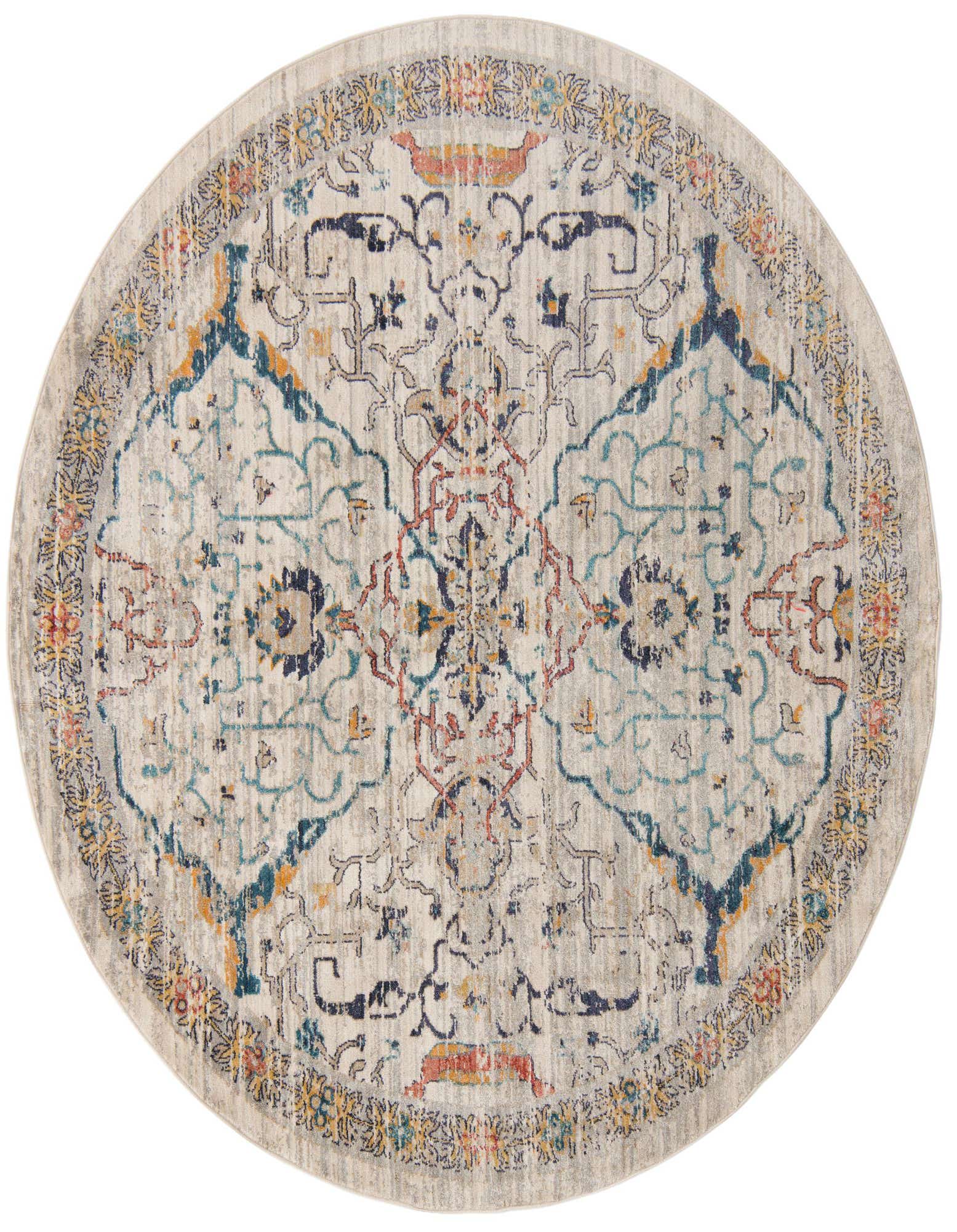 A 7' round Lola collection rug with a distressed traditional tribal pattern in ivory, cream, blue, and rust tones.
