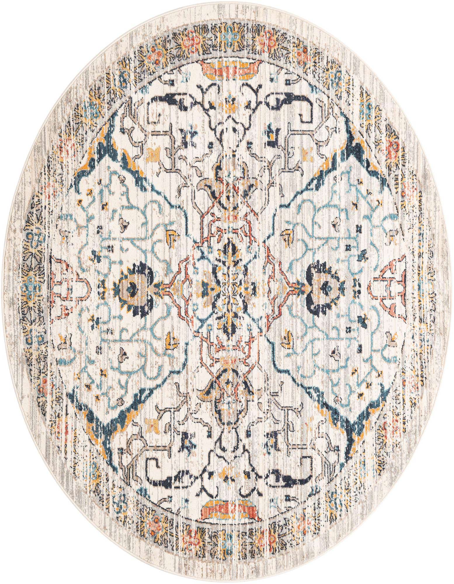 A 6' round ivory and cream polypropylene rug with a distressed traditional medallion pattern in blues, yellows, and oranges.