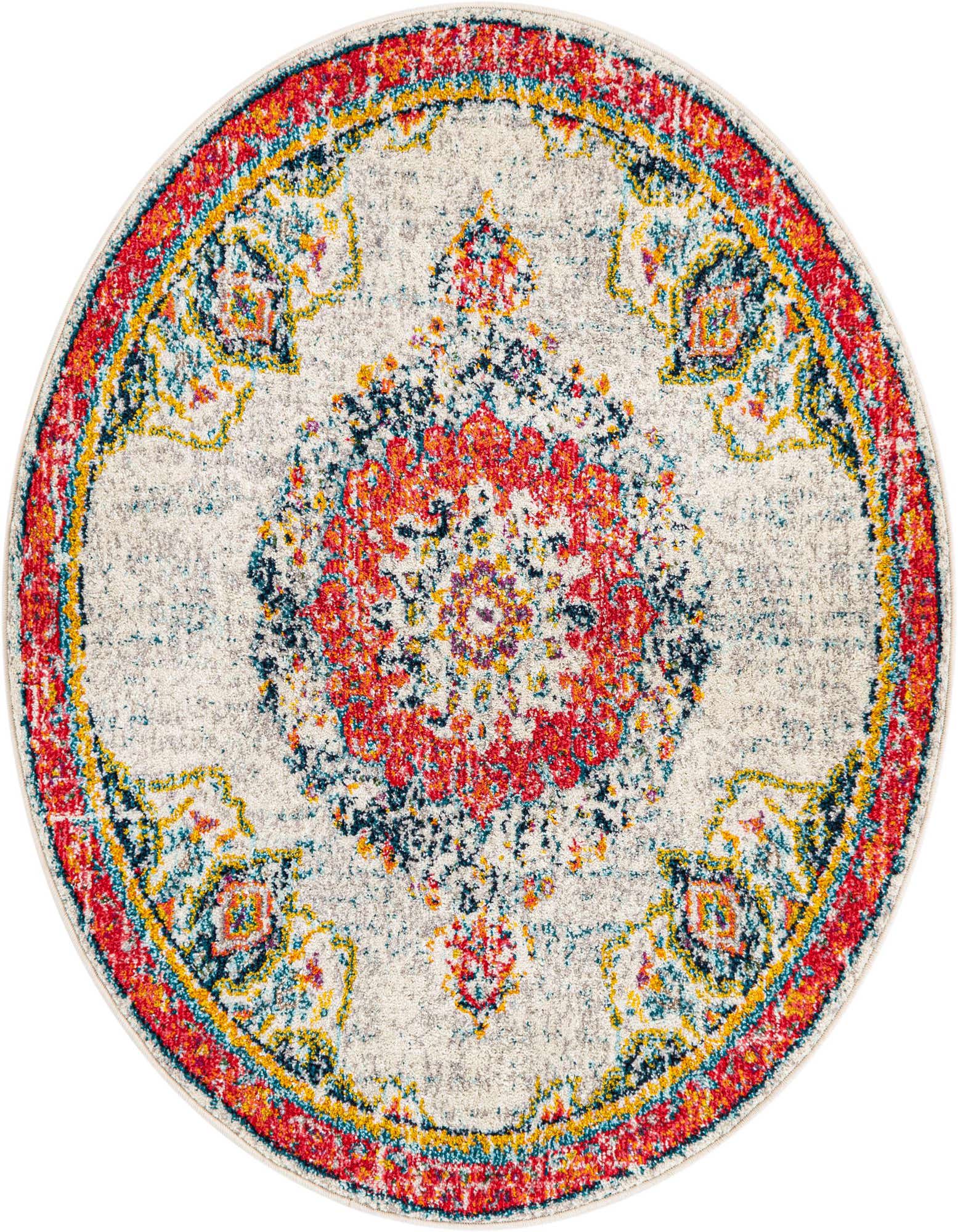 A 4' round ivory rug with a distressed traditional medallion pattern in vibrant red, orange, blue, and yellow.