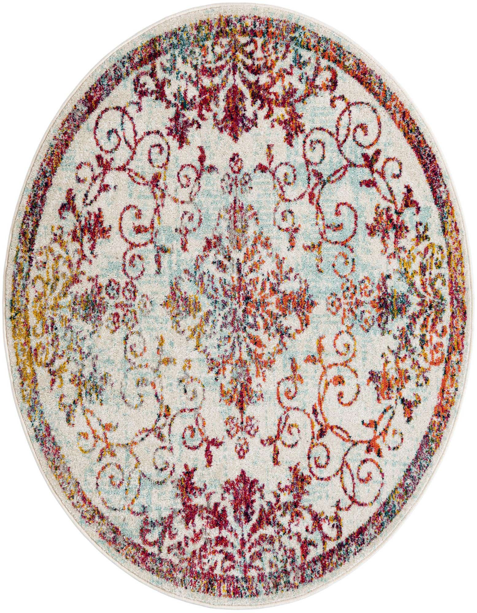 Round ivory rug with a distressed medallion and floral pattern in shades of red, blue, and orange.