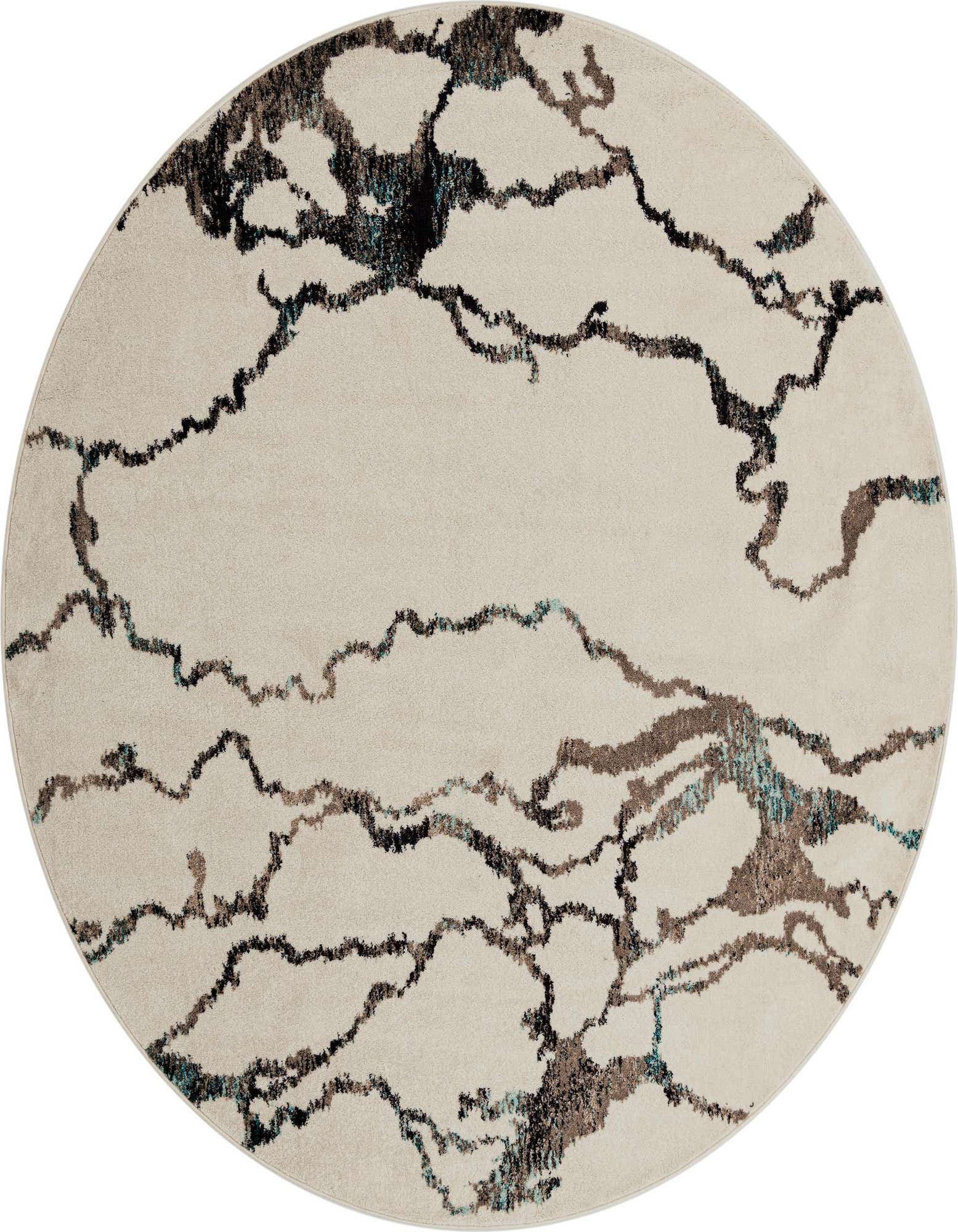 A round 10' ivory rug with an abstract, organic pattern in black, brown, and teal, suitable for a living room or bedroom.