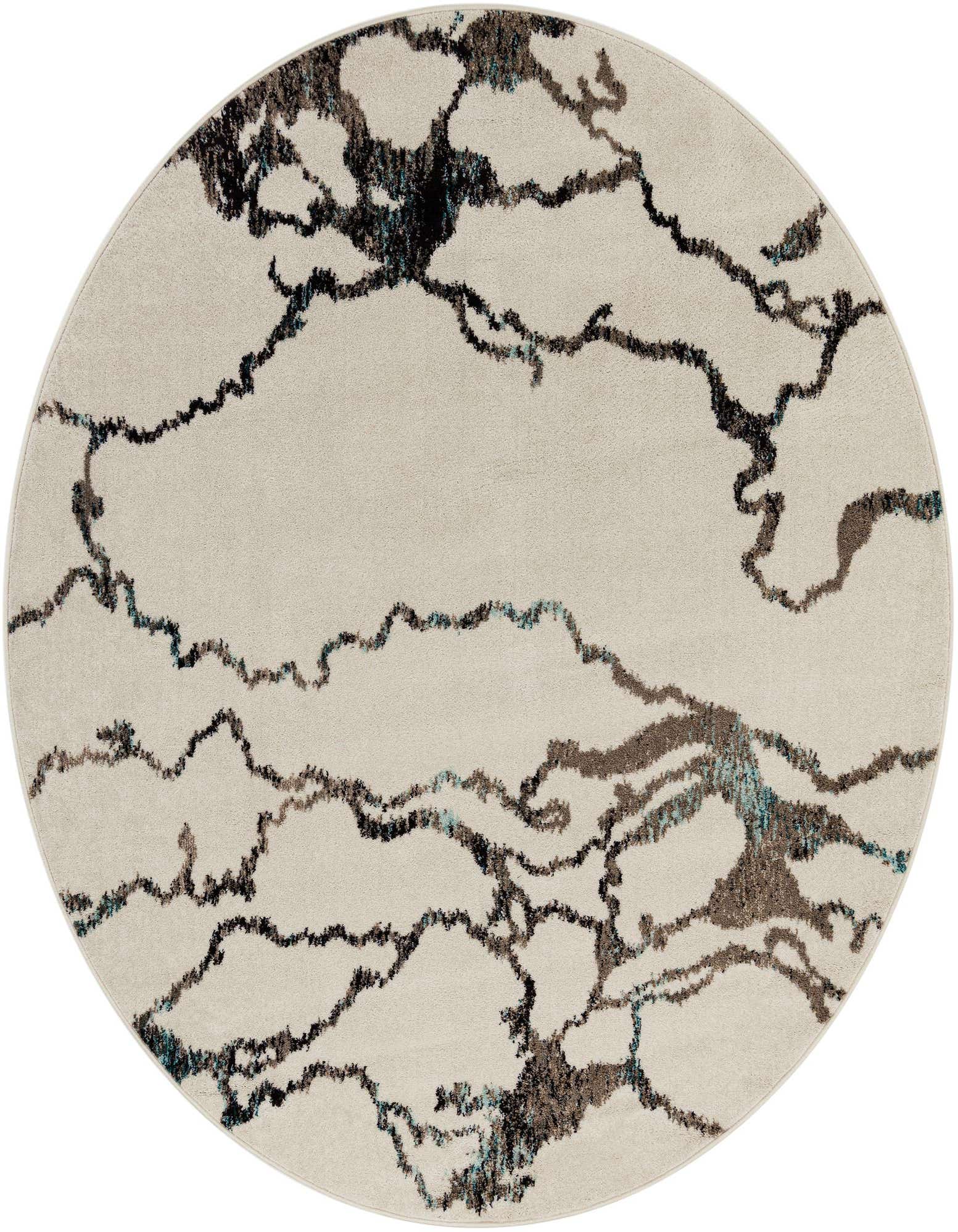A round 7' 10 x 7' 10 ivory modern rug with an abstract black, brown, and teal pattern.