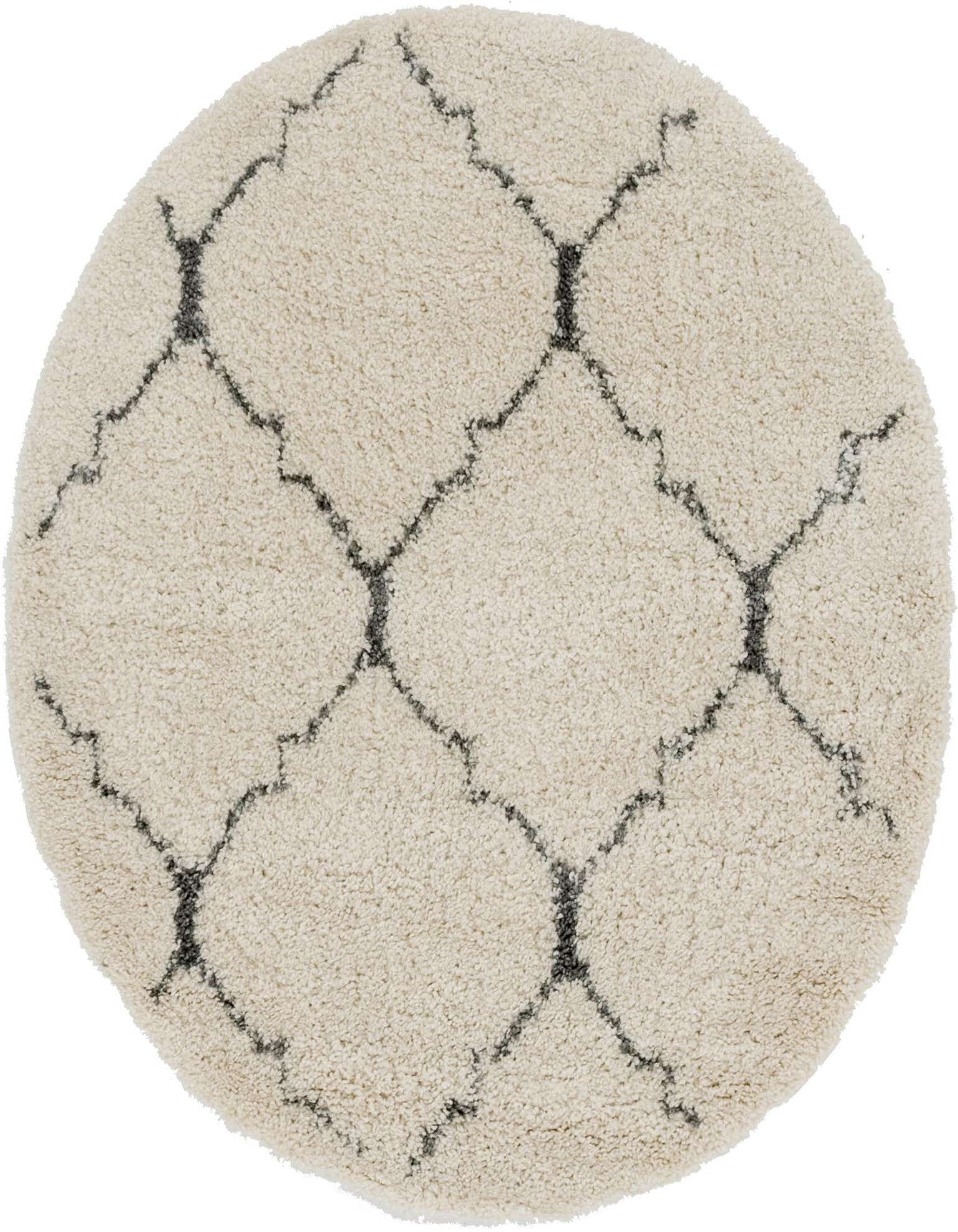 A 5' round ivory shag rug with a dark gray Moroccan trellis pattern, offering a soft, modern look.