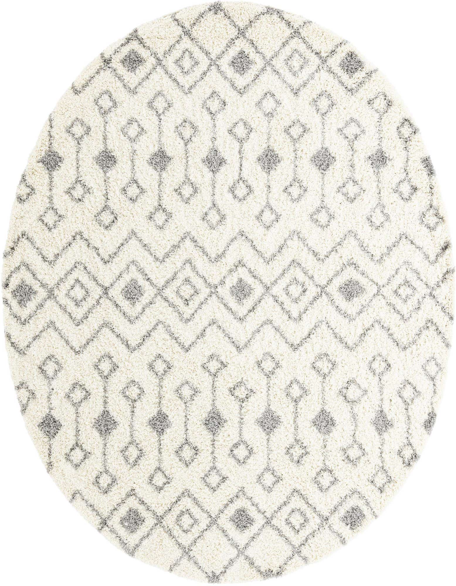 A round ivory shag rug with a modern tribal trellis pattern in light gray, suitable for an indoor living space.