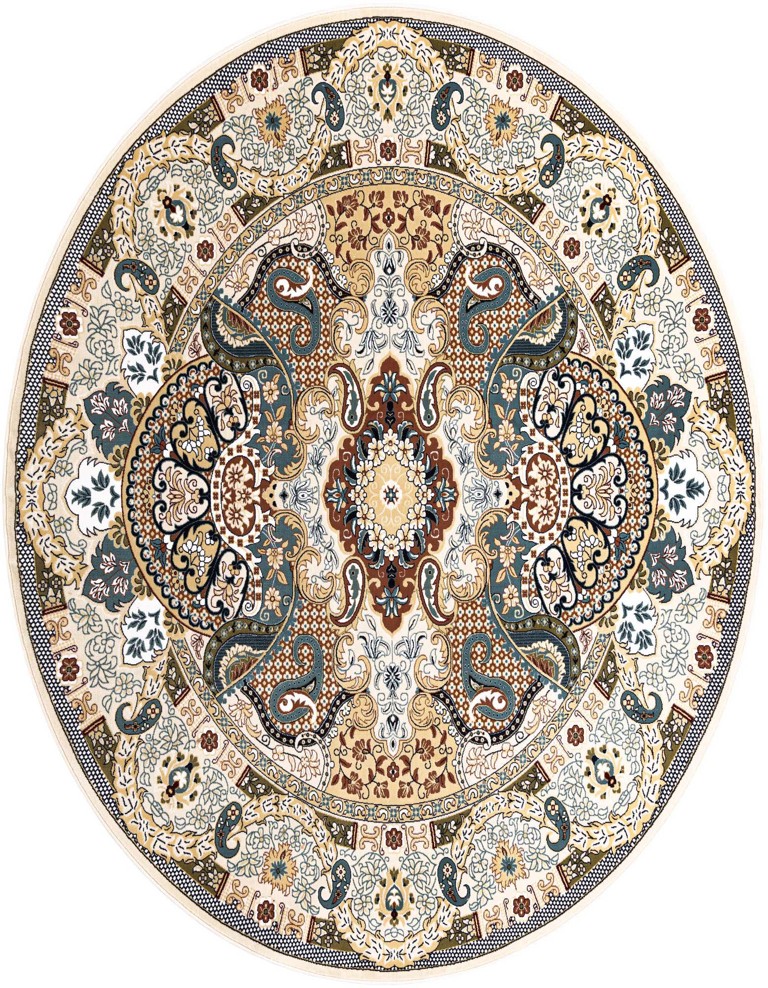 A 10-foot round ivory area rug with a detailed traditional botanical medallion pattern in cream, teal, brown, and gold.