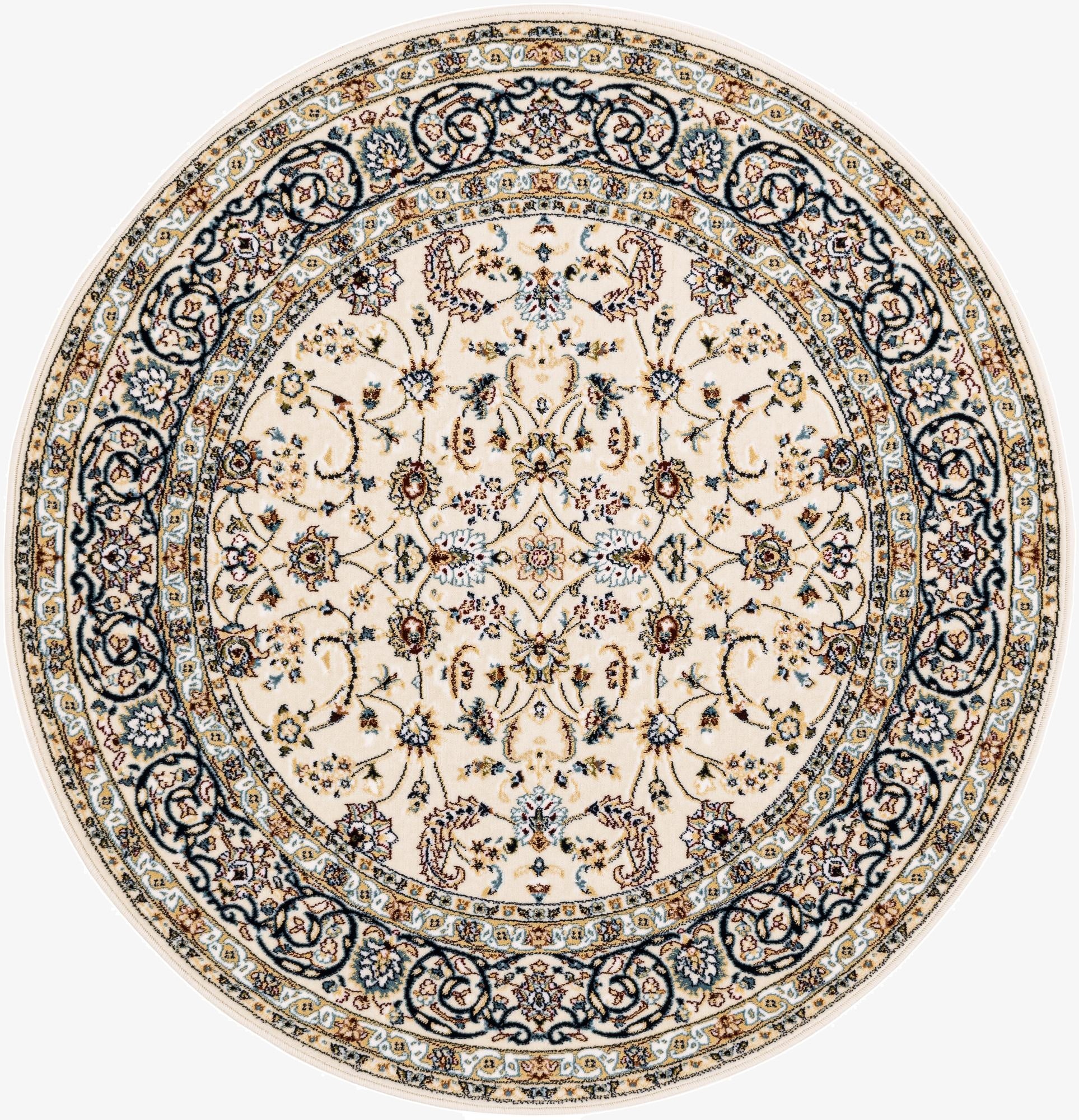 A 4' round ivory and cream rug with a detailed traditional oriental floral pattern and a dark border.