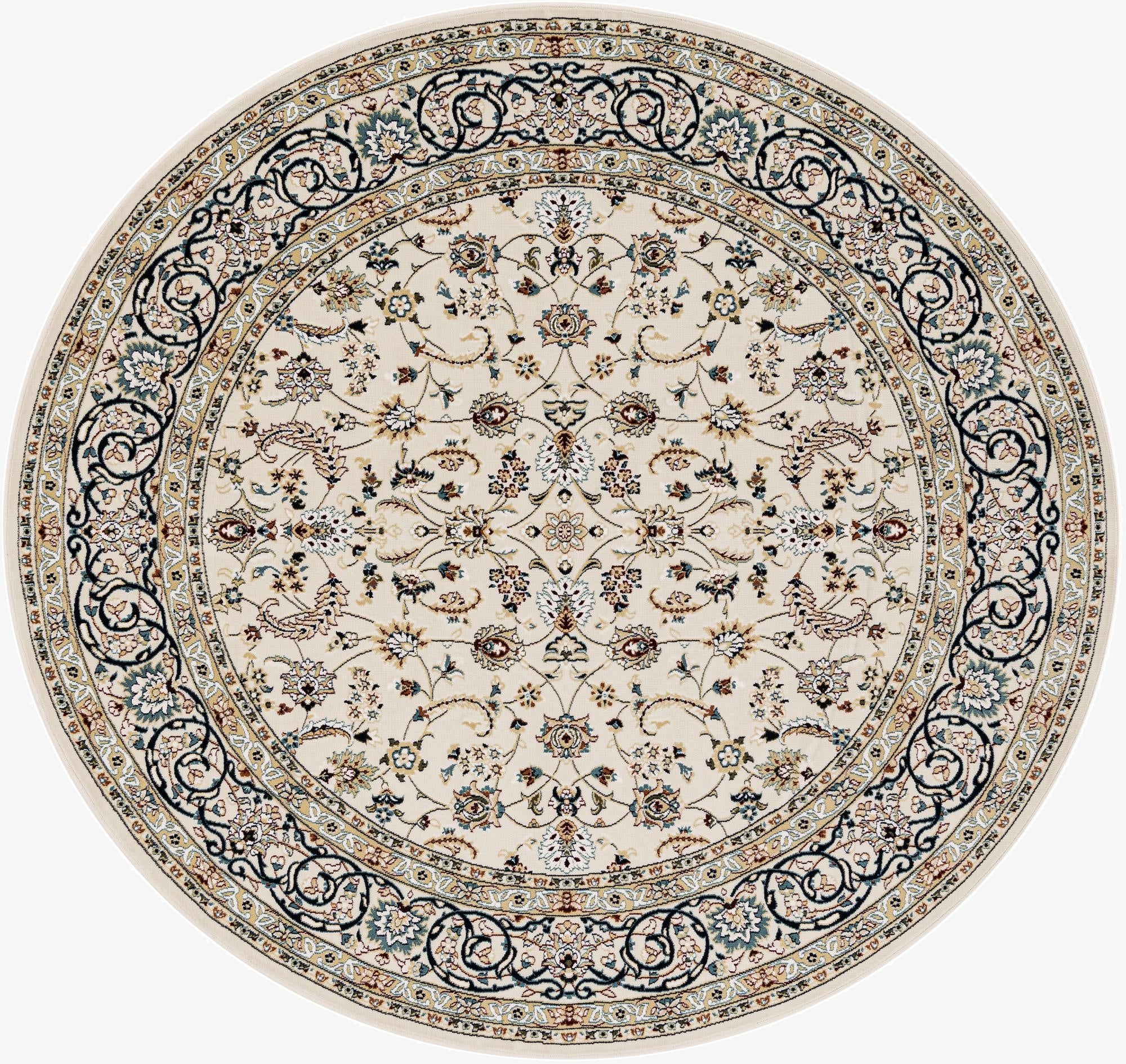 A 7' round ivory and cream rug with a traditional Oriental floral pattern and intricate borders.