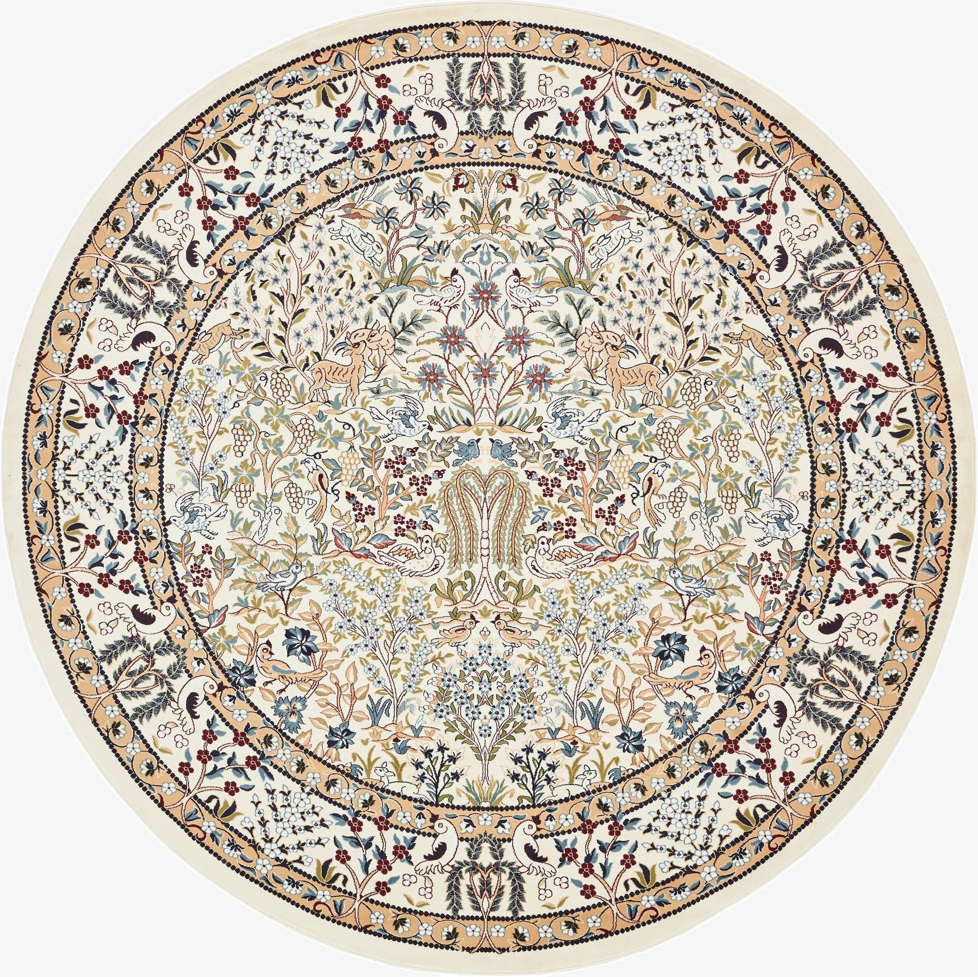 A 10-foot round ivory rug with a detailed traditional botanical pattern featuring birds, deer, and intricate floral motifs.