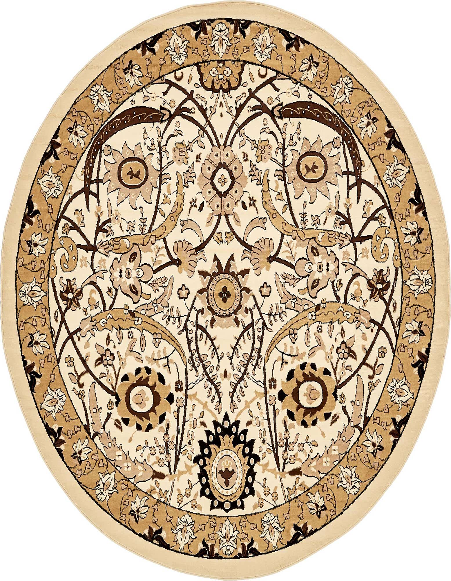A round ivory and cream rug with a traditional botanical pattern in brown and tan, featuring a detailed floral border.