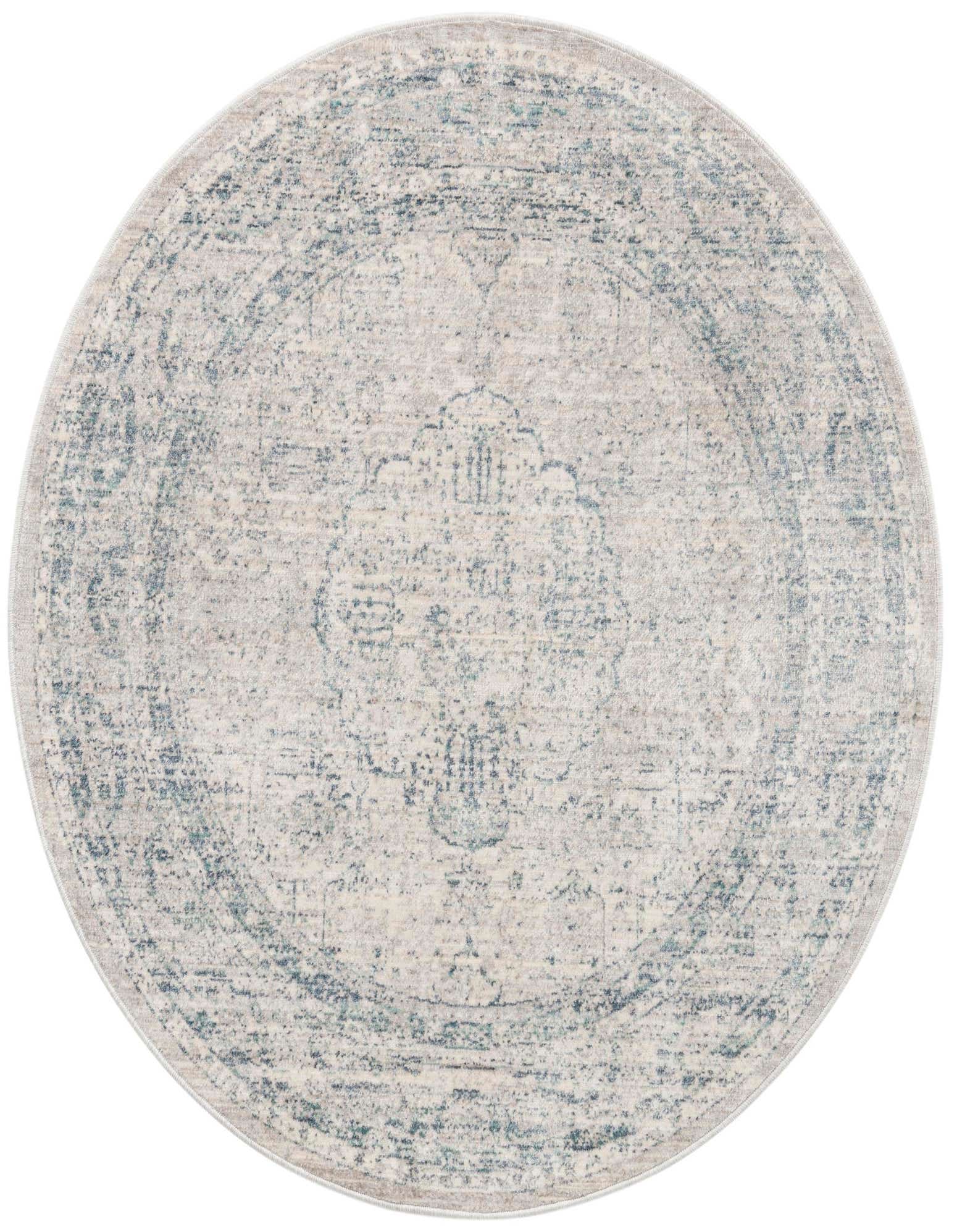 A 3' 10 round ivory and cream rug with a faded traditional medallion pattern in light blue and gray tones, suitable for indoor spaces.