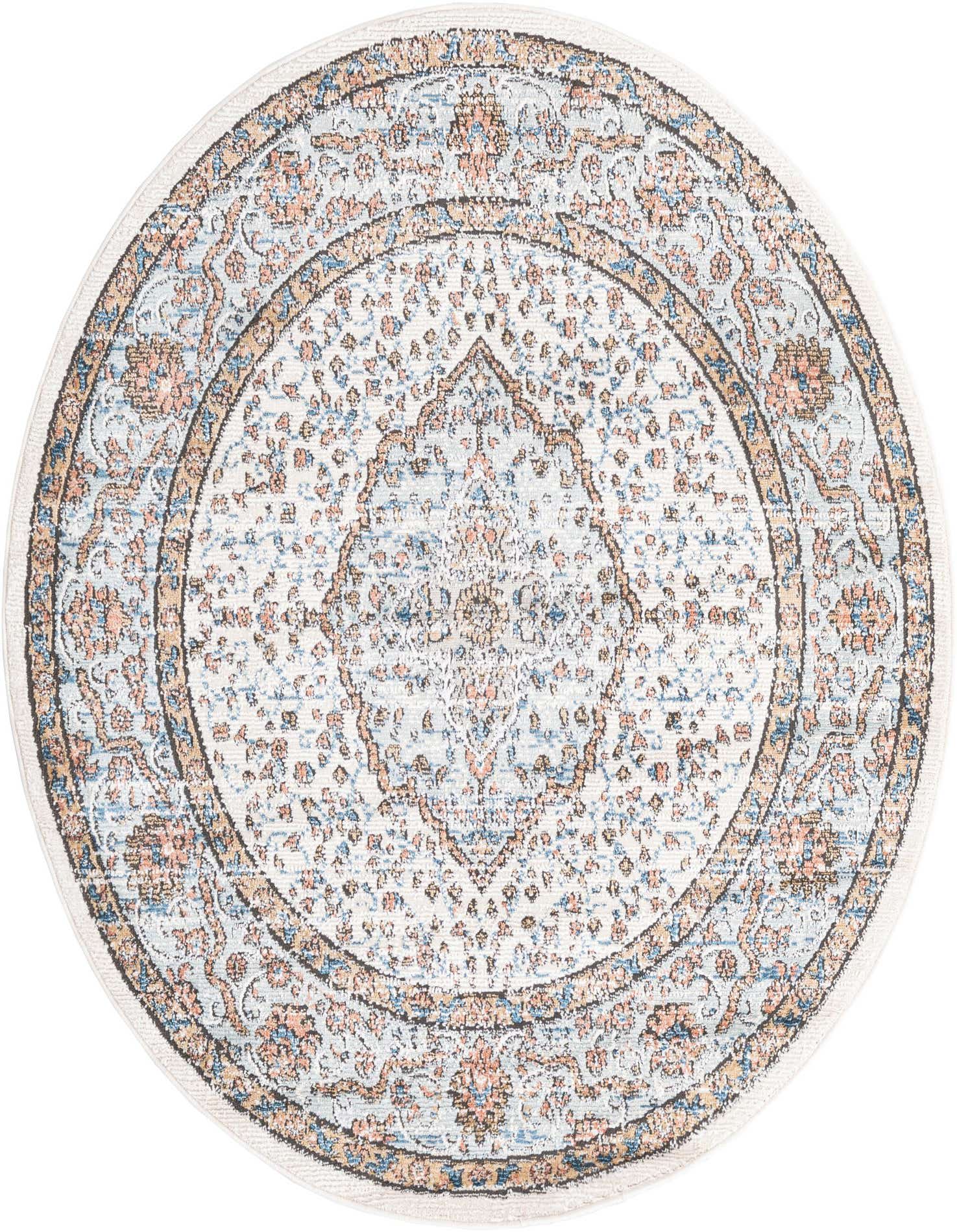 A 5' 3 round ivory and cream rug with a distressed traditional medallion and floral pattern in blue and peach.