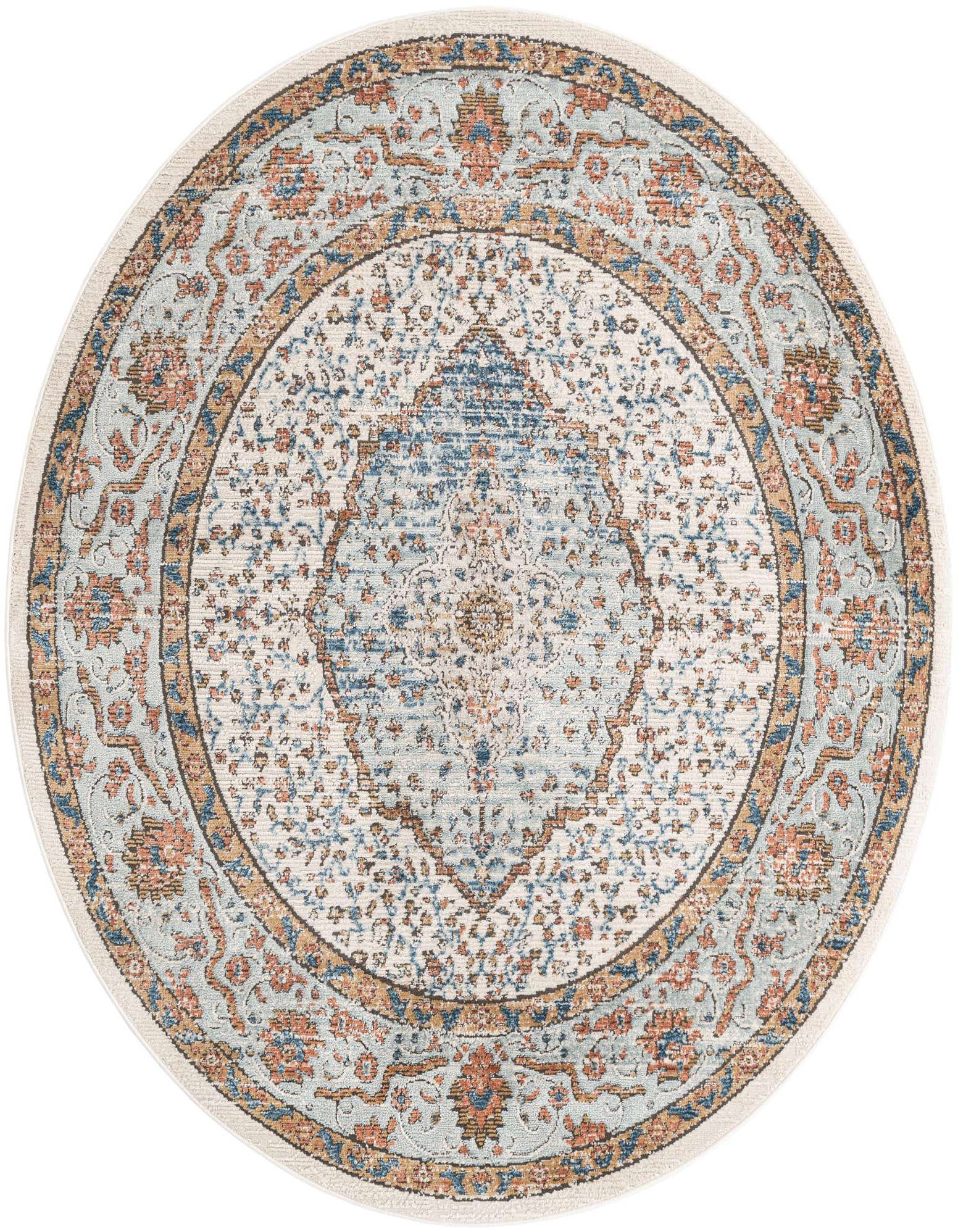 A 6' 0 x 6' 0 round Nyla rug featuring a distressed ivory and cream medallion pattern with blue and orange accents.