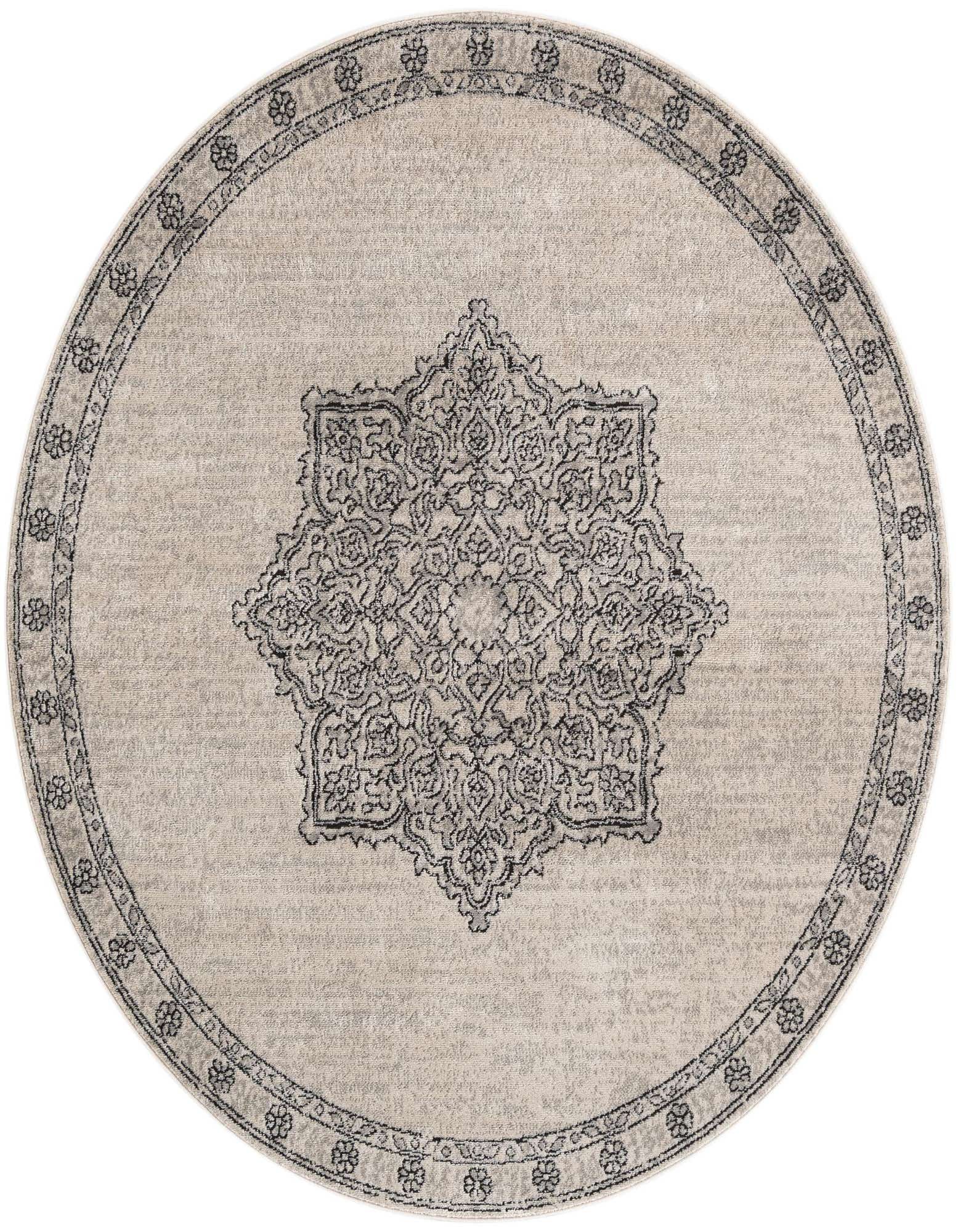 A 6' round ivory and cream rug with a distressed medallion pattern in the center and a floral border.