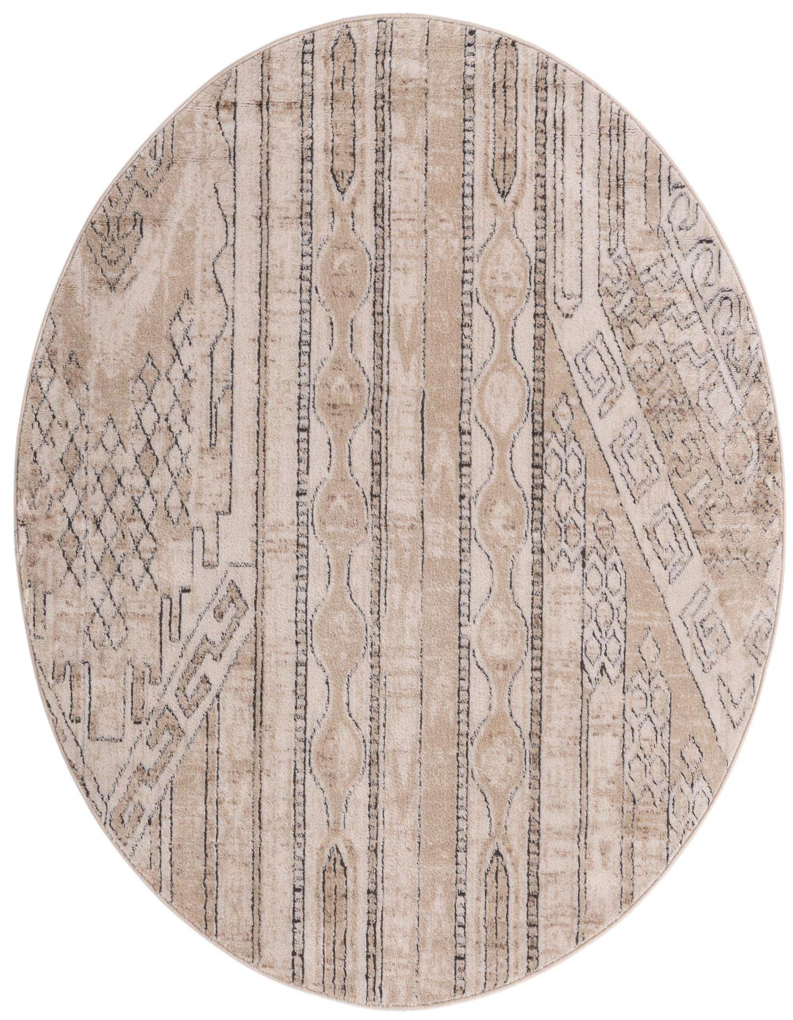 A round 5' 3 x 5' 3 ivory and cream rug with a textured bohemian and tribal stripe pattern.