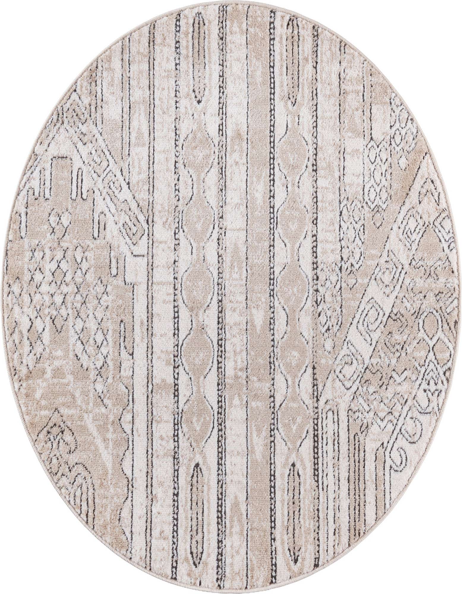 A 3' round ivory and cream Bohemian rug with tribal stripes and geometric patterns, featuring a textured pile.