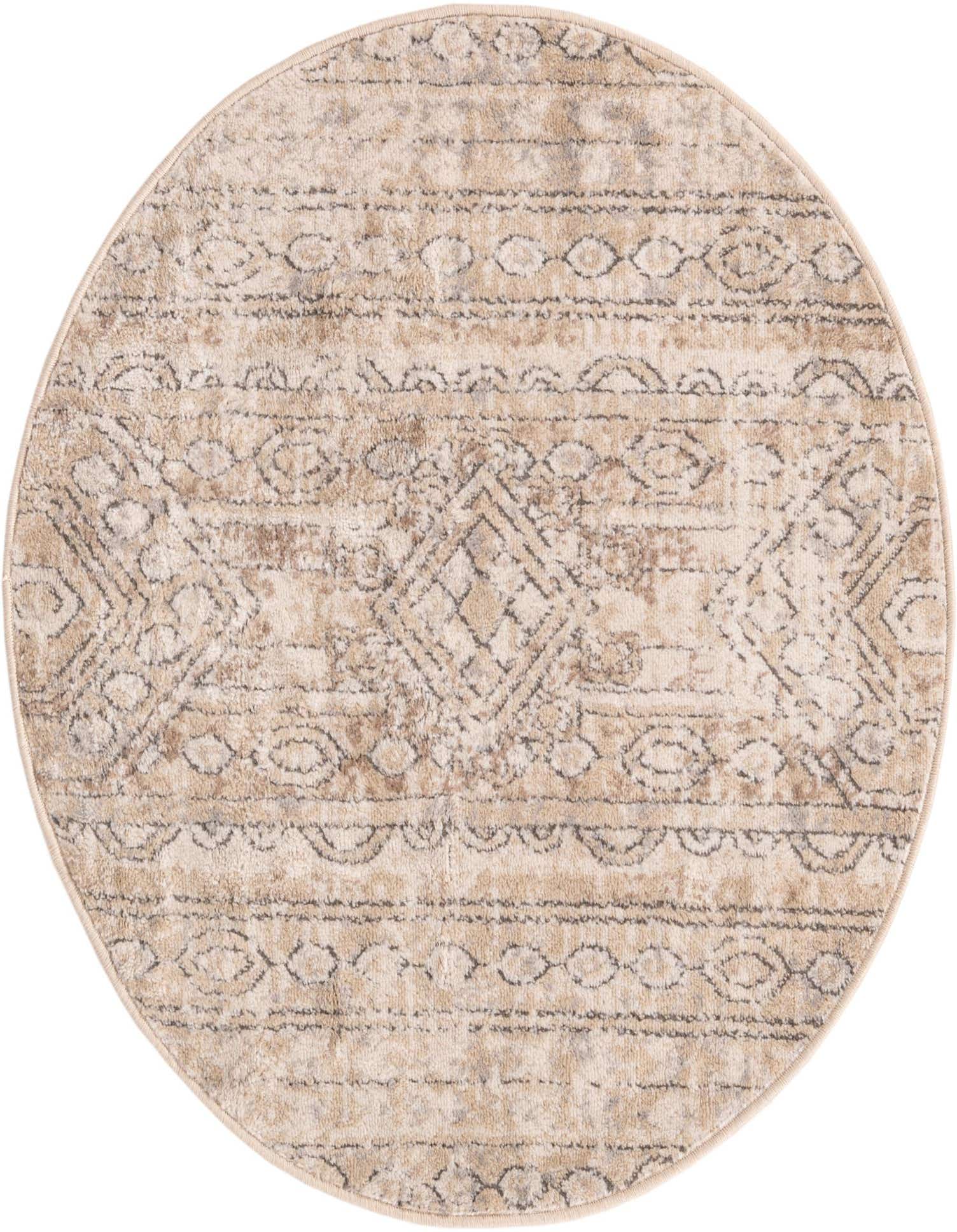 A 3' round ivory and cream rug with a distressed Bohemian and Southwestern tribal pattern, featuring geometric shapes and stripes.