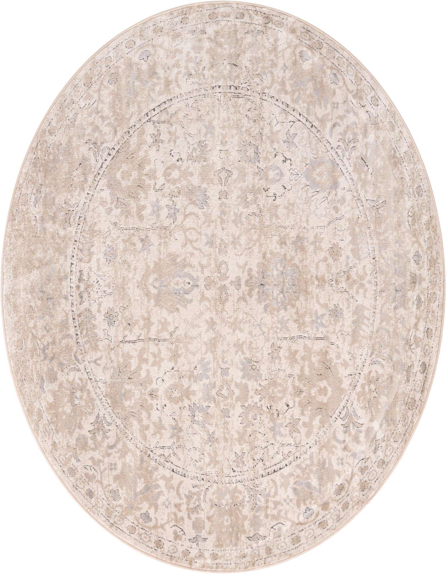 A 7' round ivory and cream shabby-chic rug with a subtle floral and medallion pattern, ideal for an indoor living space.