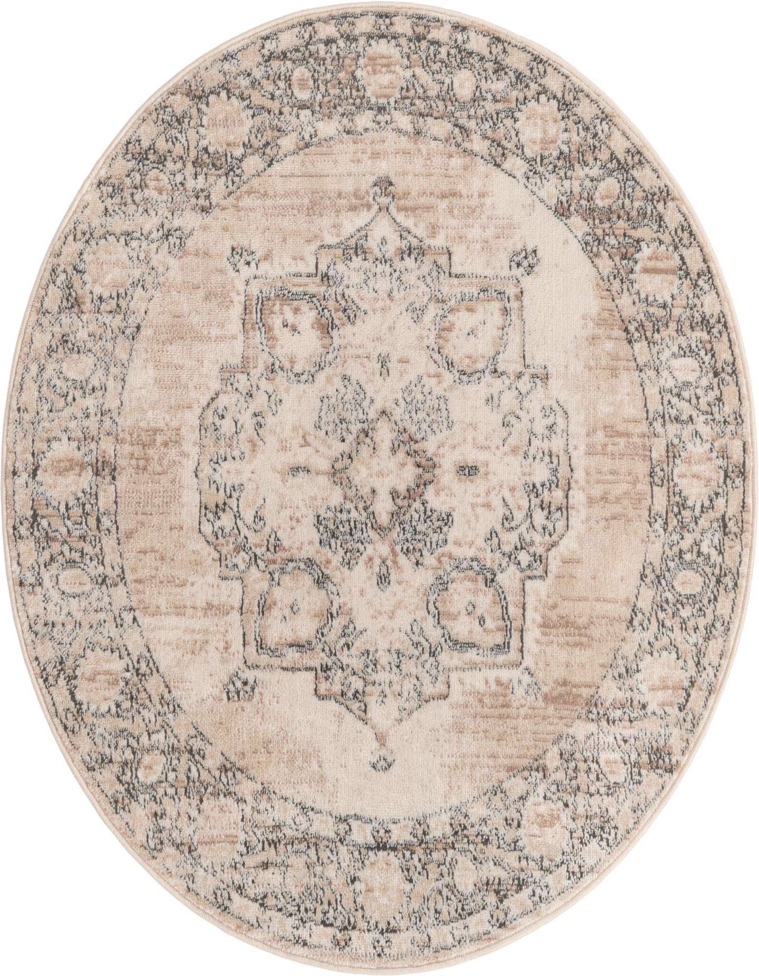A round 4' ivory and cream rug with a distressed medallion and floral border pattern, suitable for various indoor rooms.