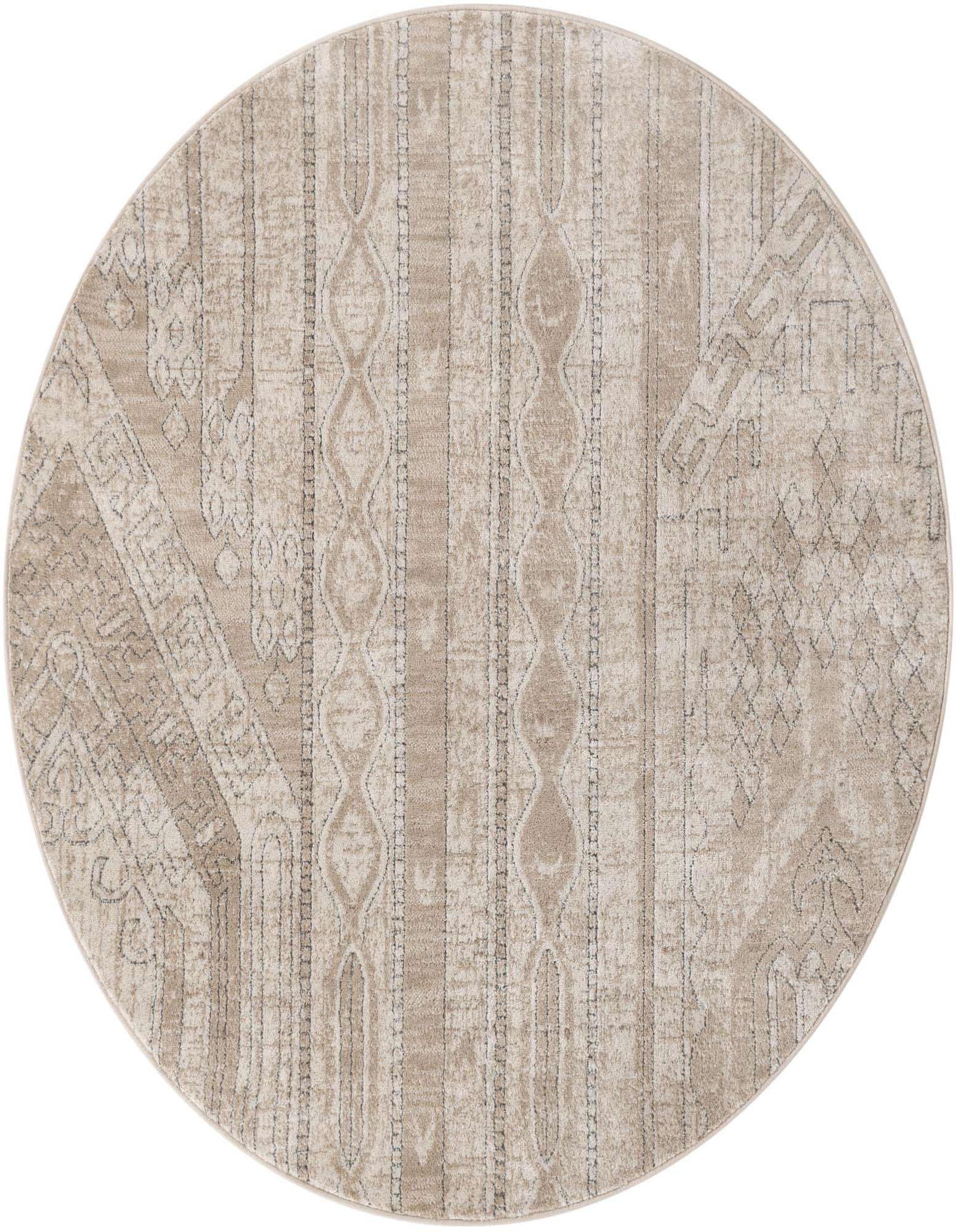 A 6' 0 x 6' 0 round ivory and cream rug with a Southwestern and modern striped pattern.