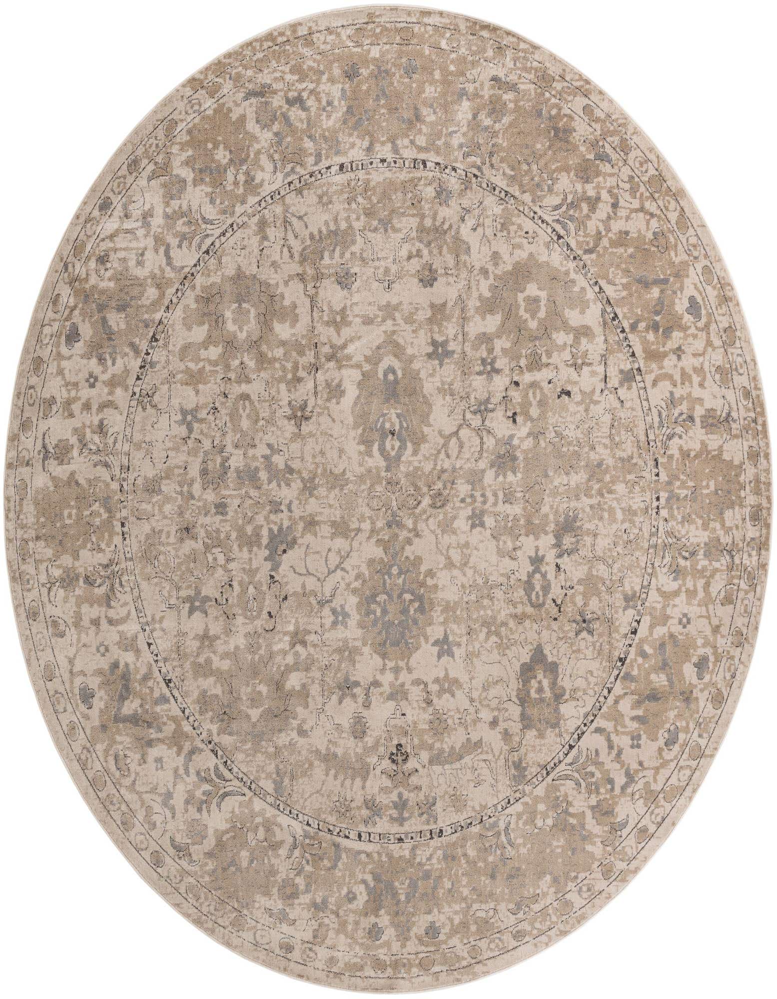 A large round ivory and cream rug with a distressed traditional pattern and a thin pile, suitable for a living room or bedroom.