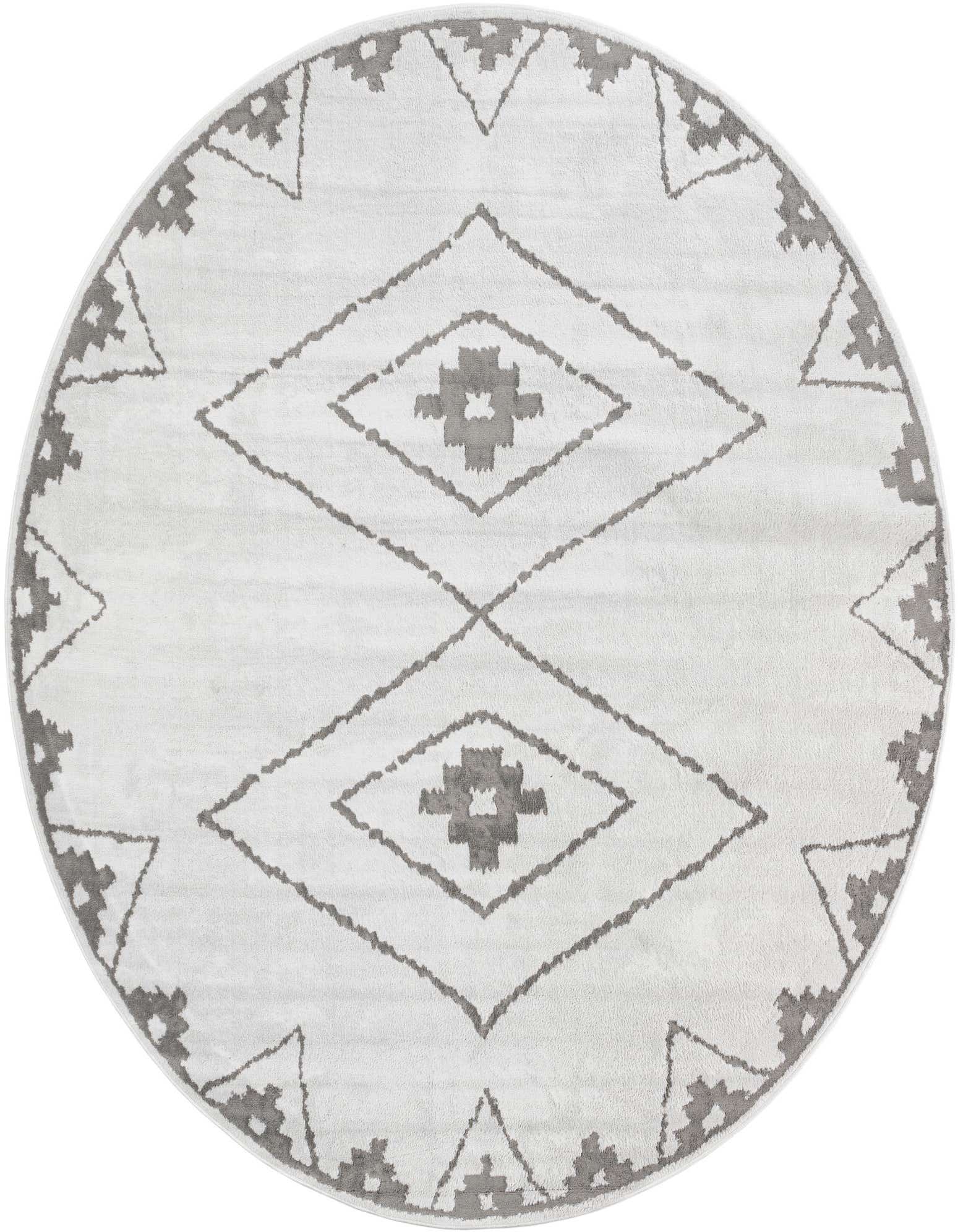 A 10-foot round ivory modern rug with a gray geometric diamond and triangle pattern, suitable for a living room.
