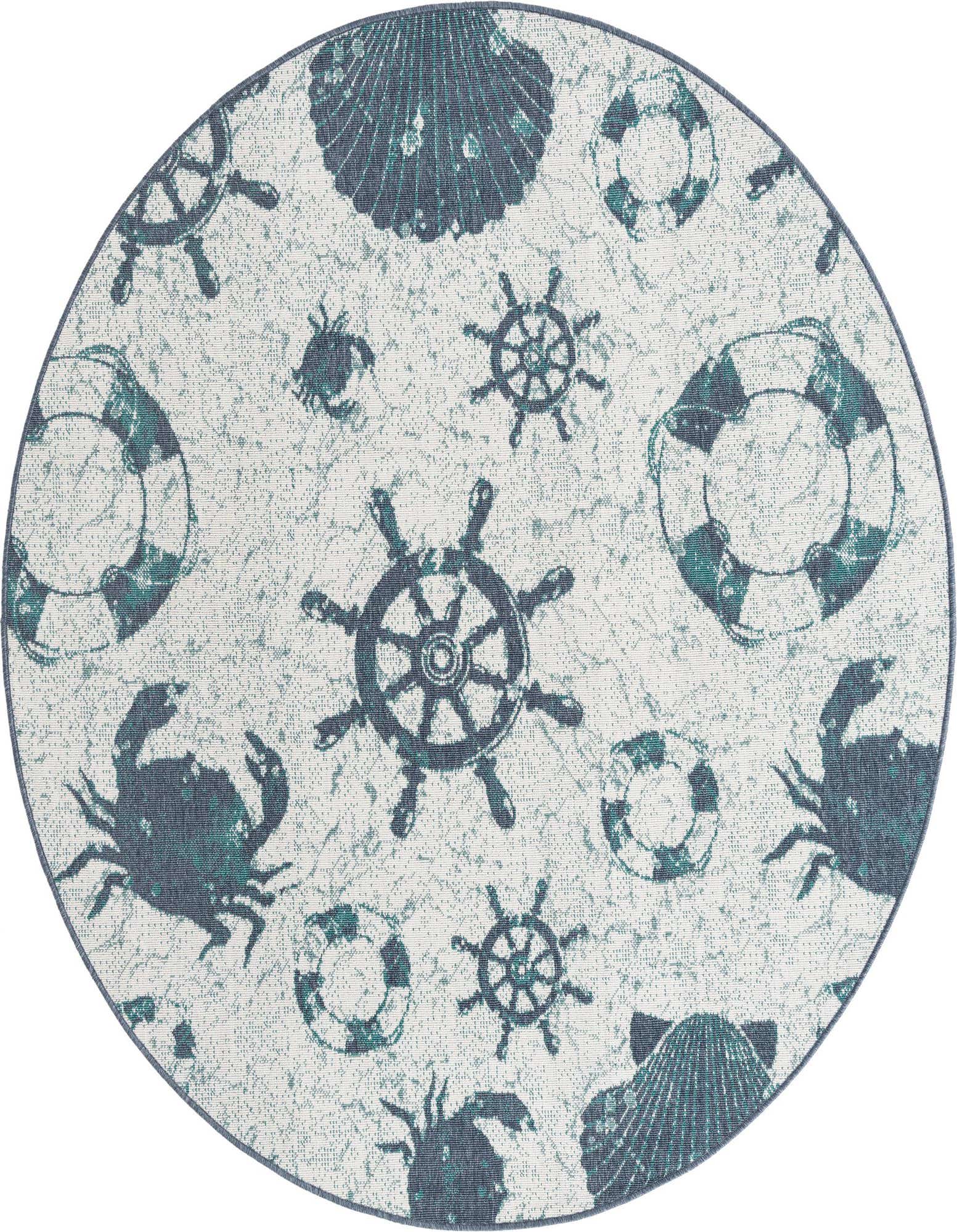 A round ivory and teal coastal rug featuring ship wheels, crabs, seashells, and life preservers, suitable for indoor or outdoor use.