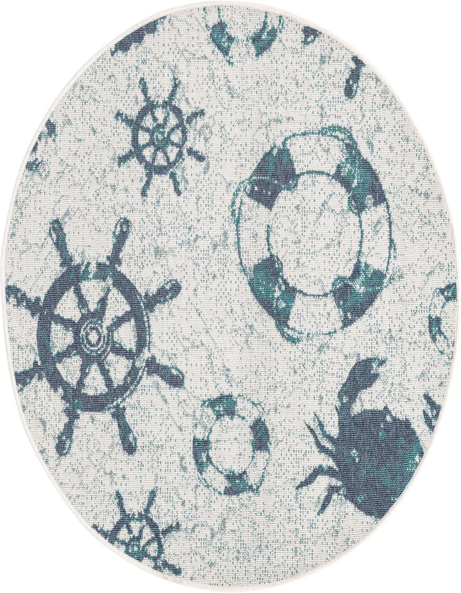 Round ivory and teal coastal rug featuring ship wheels, life preservers, and crabs, perfect for a patio.