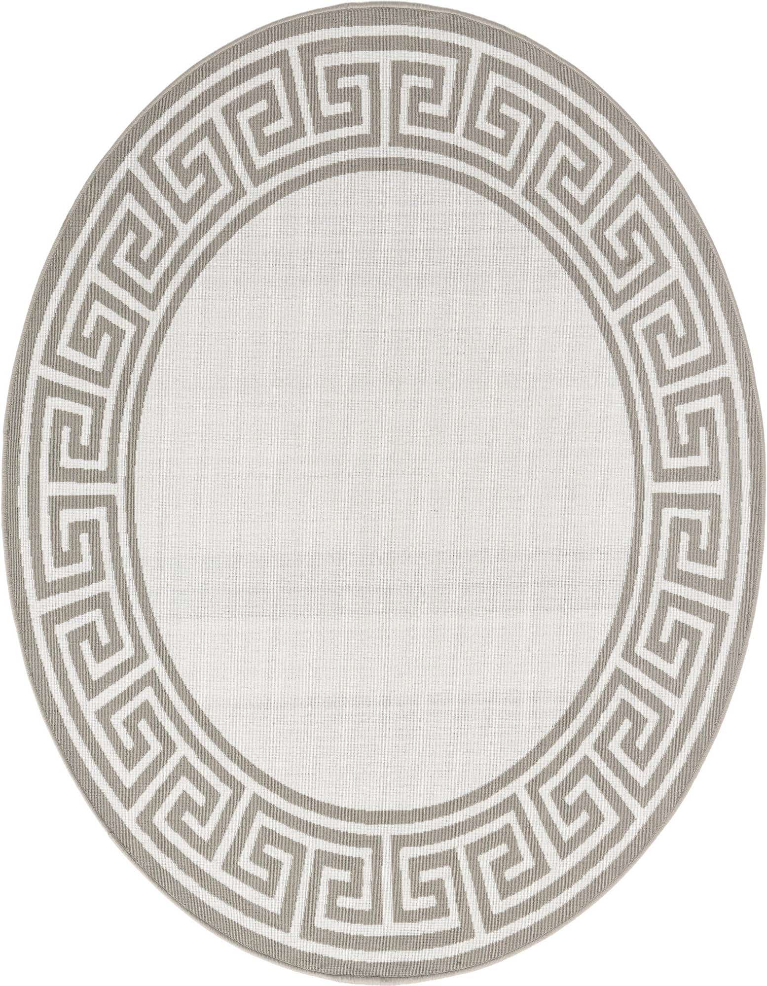 A 7' round ivory and cream rug with a wide taupe Greek key border, suitable for indoor or outdoor use.