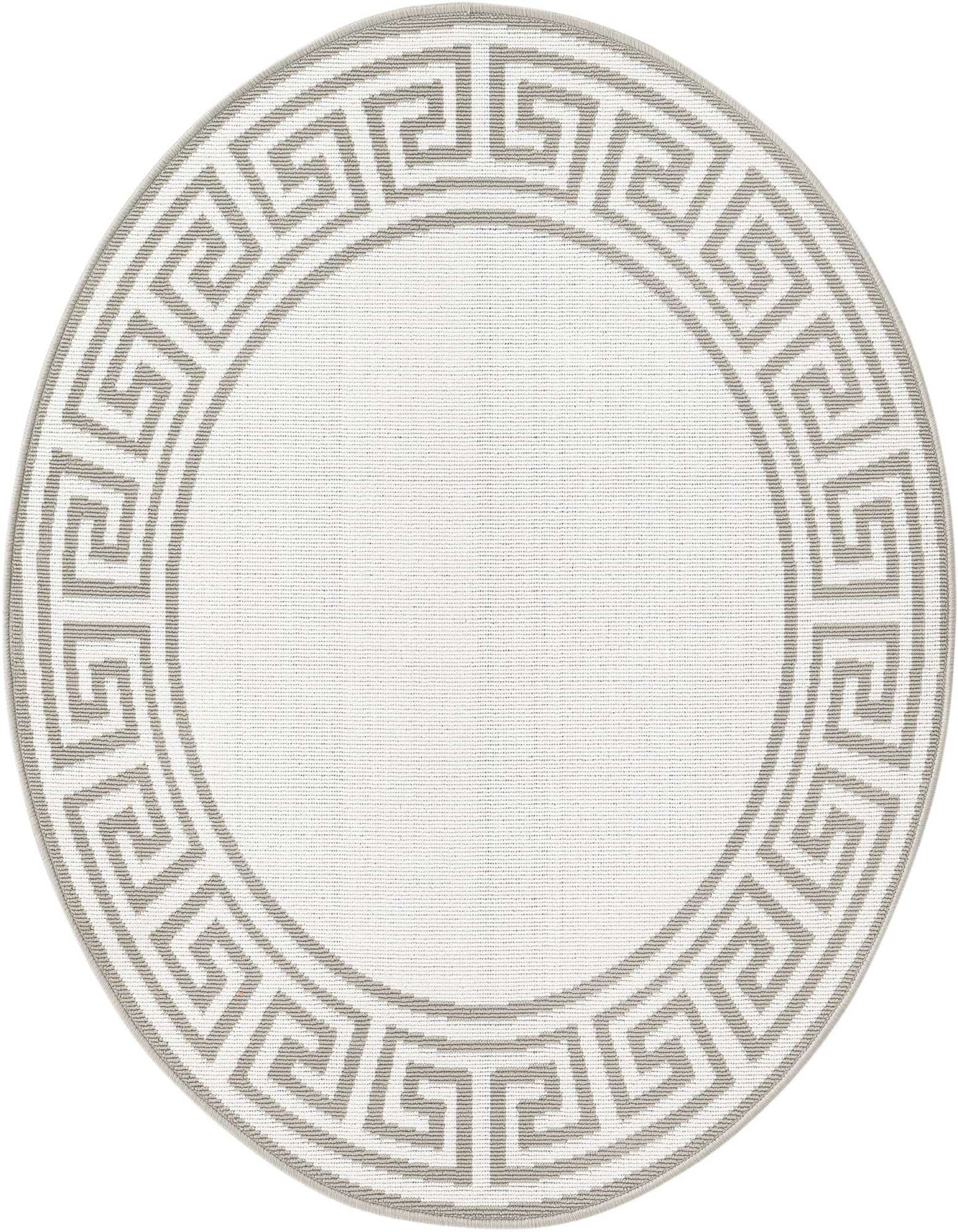 A round ivory and cream rug with a textured flatweave, featuring a light gray Greek key border pattern.