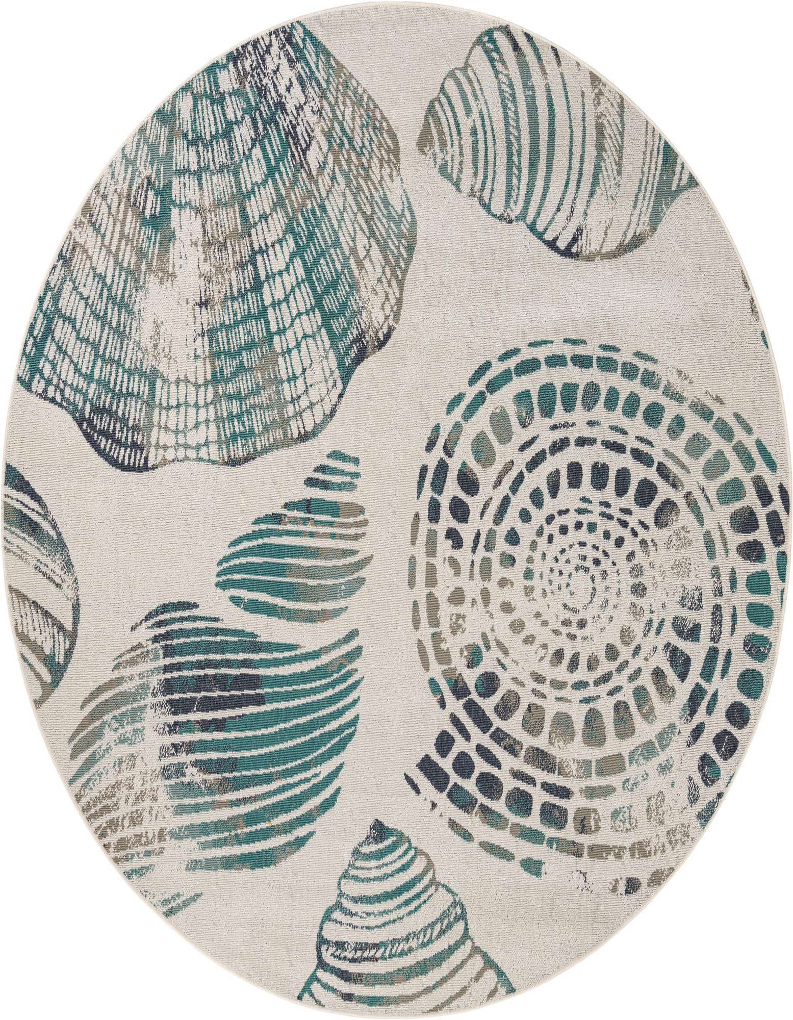 A round ivory rug featuring large, abstract teal and grey seashell patterns, perfect for a coastal patio.