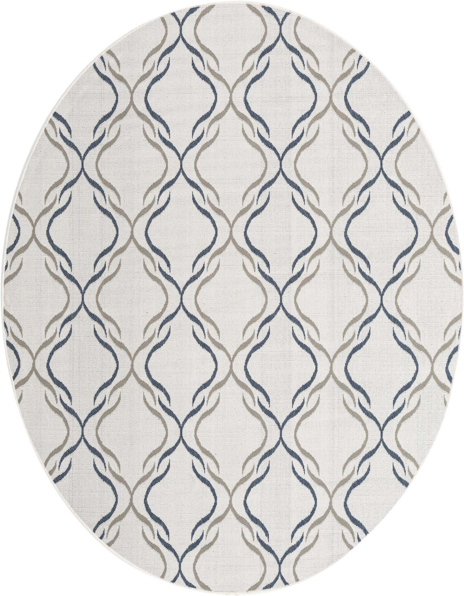 A 7' round ivory rug with a modern lattice pattern in blue and tan, suitable for indoor or outdoor use.
