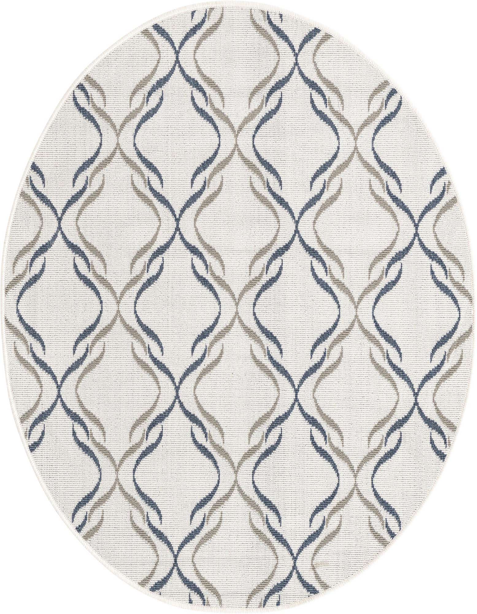 A 4' round ivory rug with a modern trellis pattern in blue and tan, suitable for indoor or outdoor use.