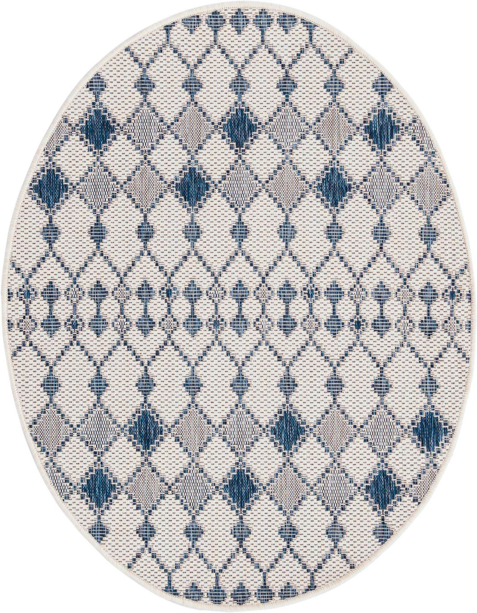 A 4' round ivory and blue outdoor rug with a modern trellis pattern, suitable for a patio.