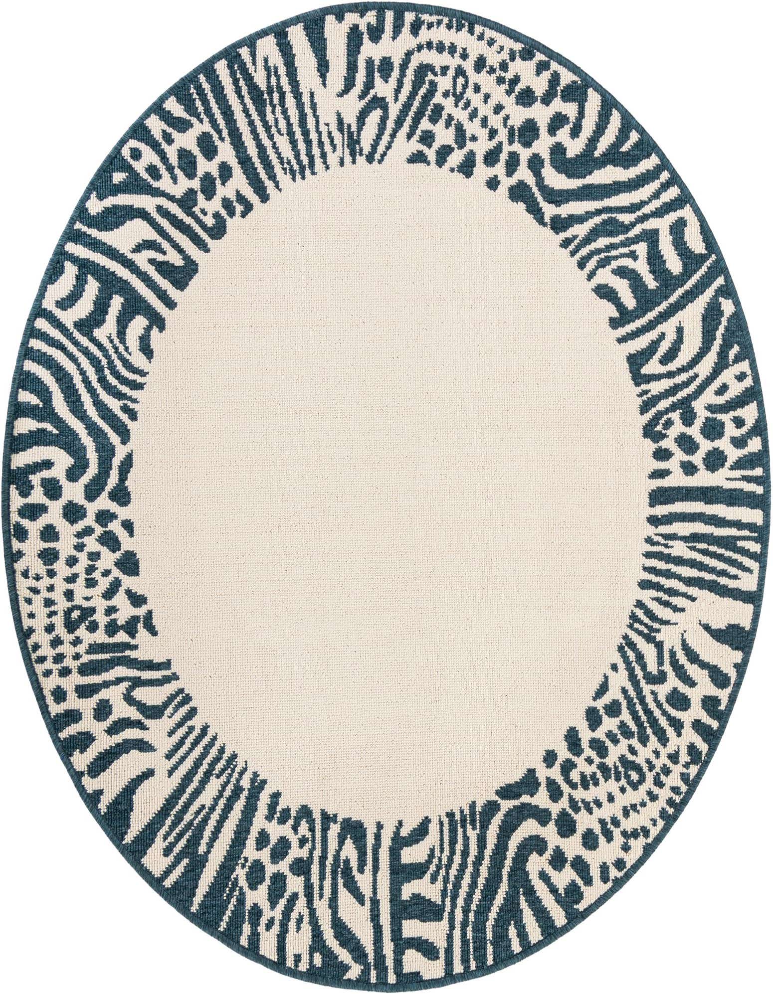 A round ivory and teal rug featuring a modern animal print border with zebra stripes and leopard spots.