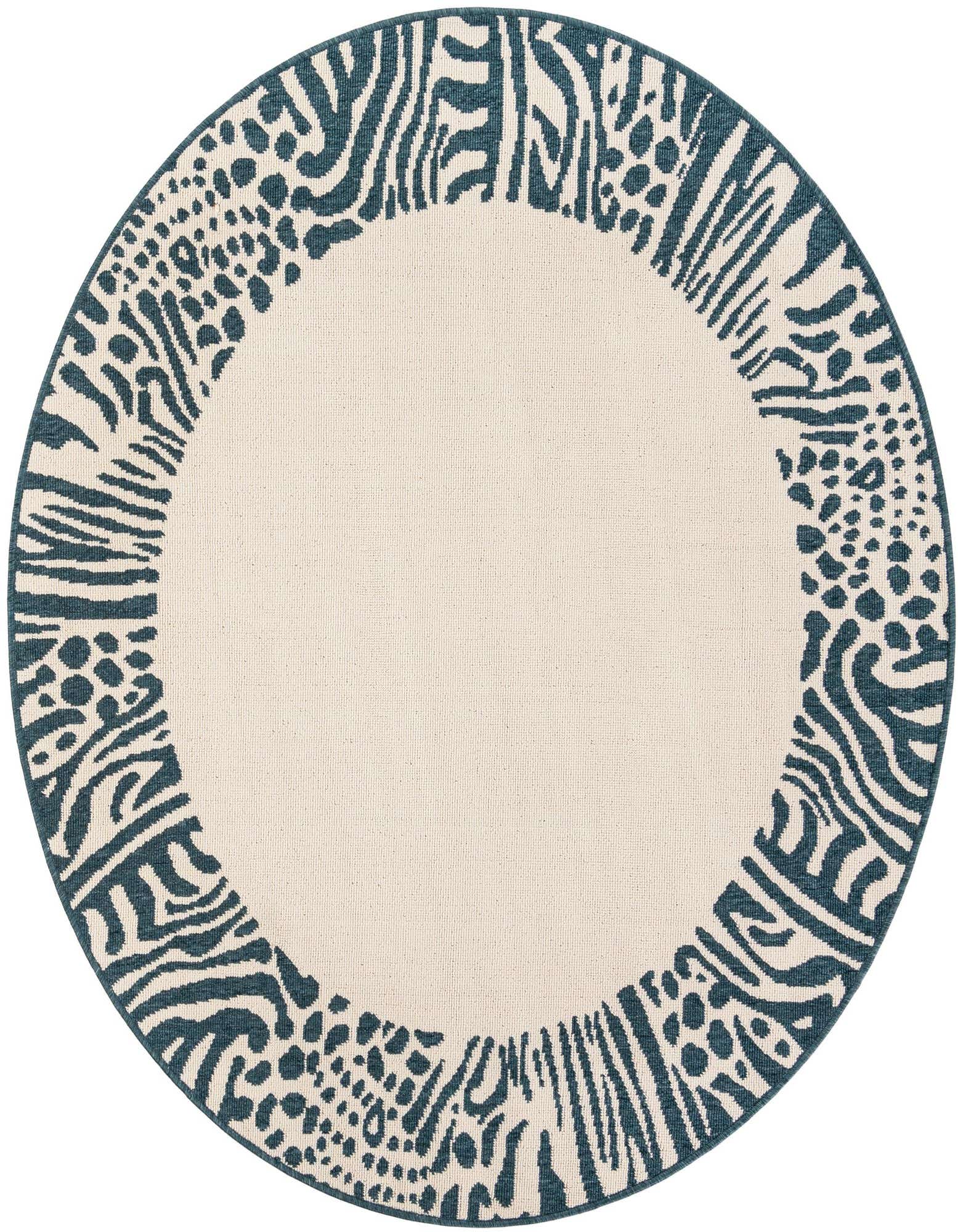 A 5' round ivory rug with a bold teal border featuring mixed animal print patterns like zebra stripes and leopard spots.