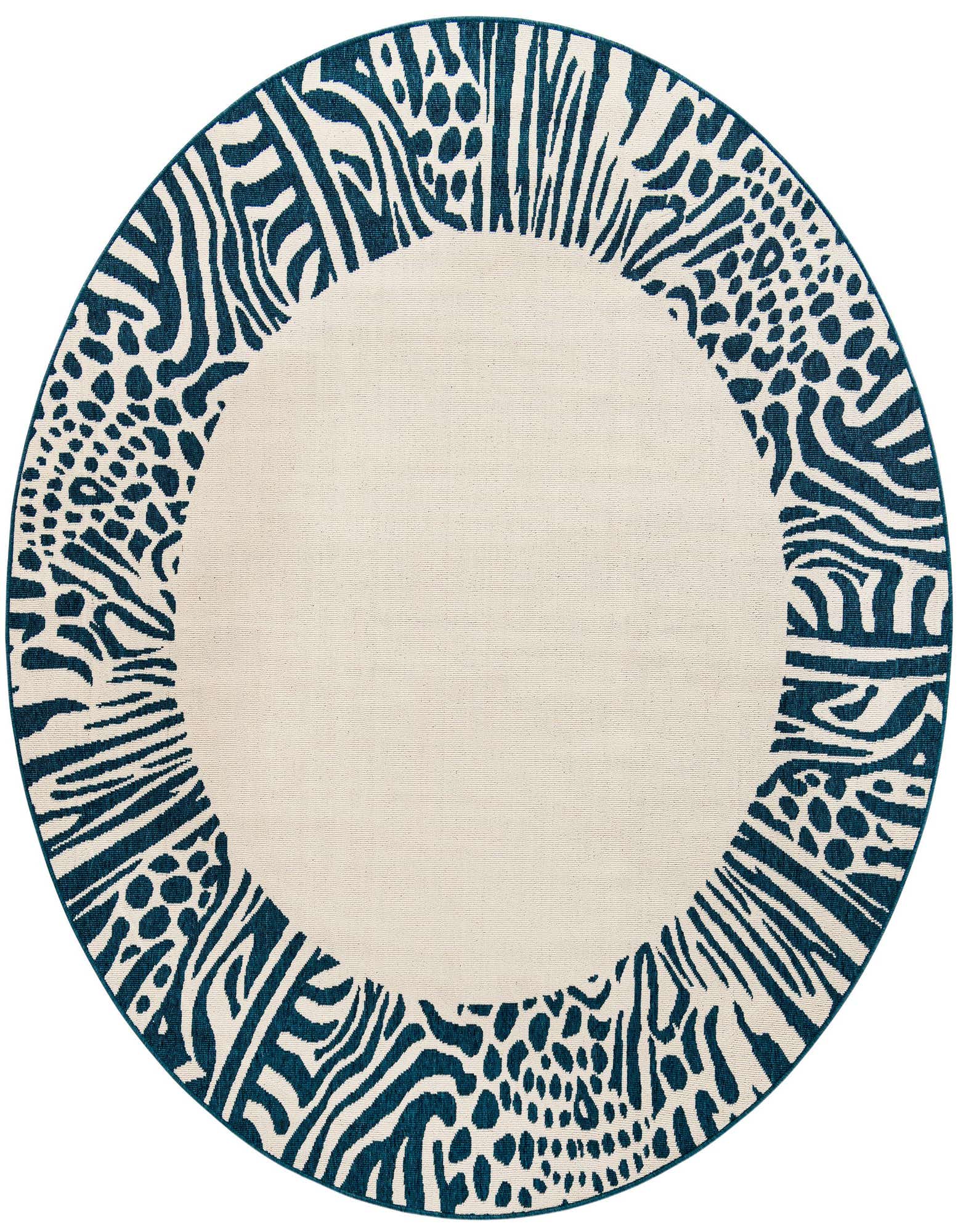 A round ivory rug with a wide border of abstract teal blue animal print patterns, suitable for a patio.