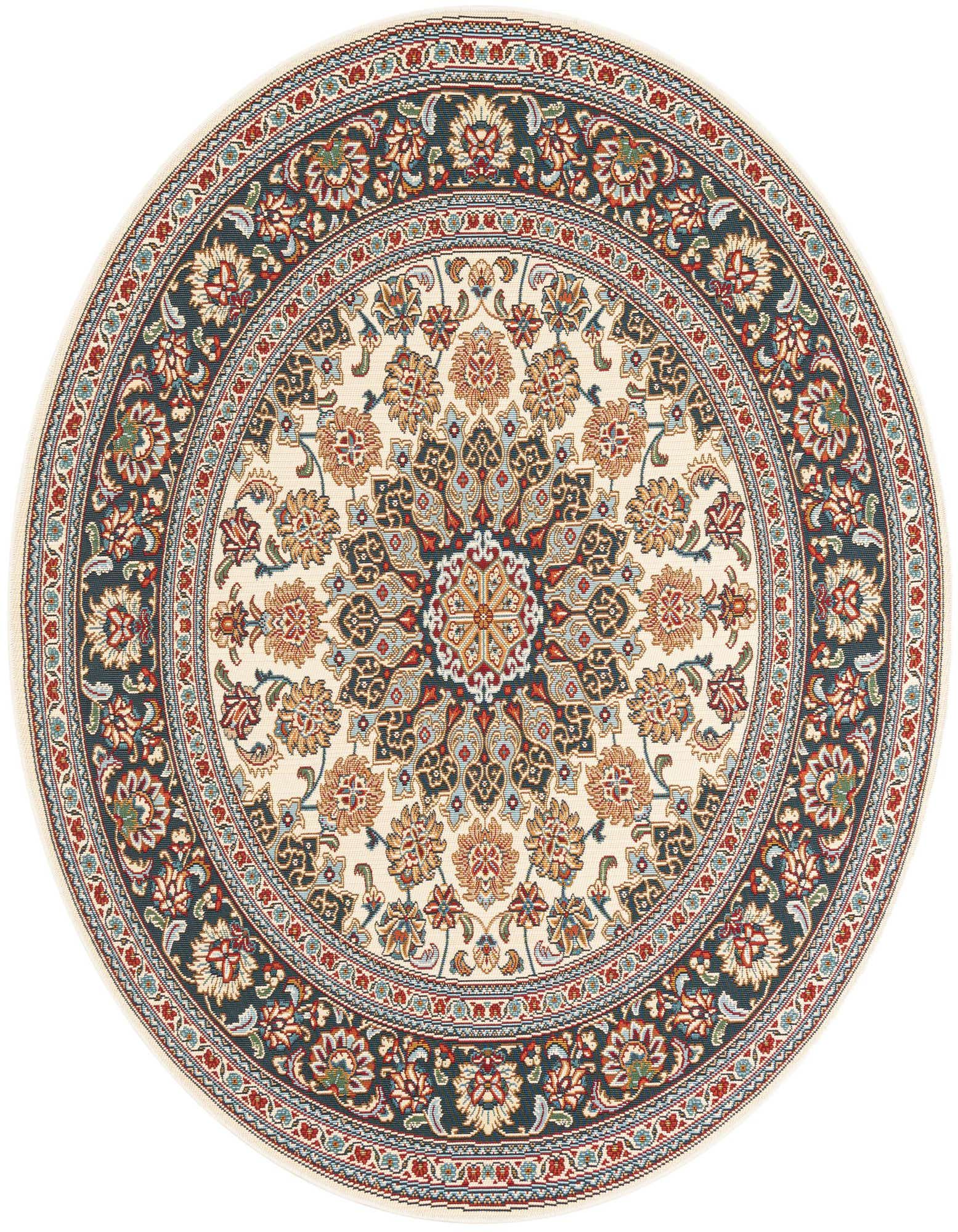 A 6' 1 round ivory and cream rug with a detailed oriental medallion pattern and dark borders.