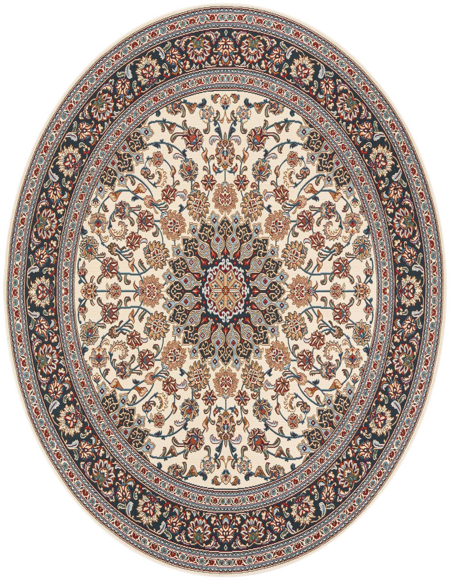 A round 7' 10" ivory and cream rug with a central medallion and traditional floral patterns, ideal for indoor or outdoor use.